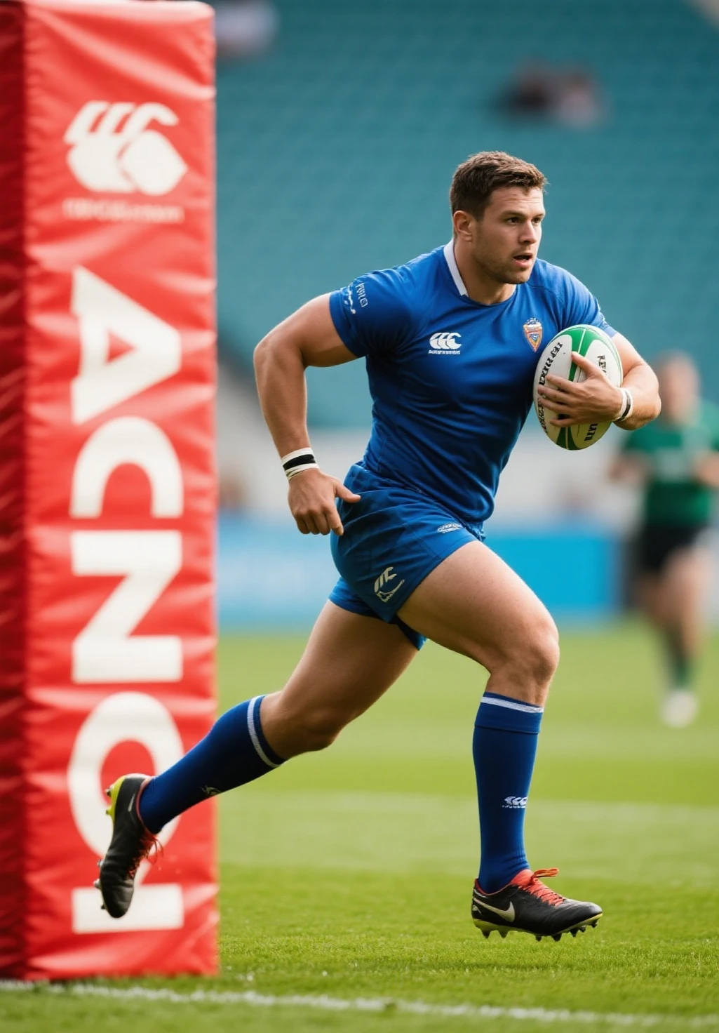 1 pale man rugby player ,Full body, rugby player, sport brighter pants, hard on bulge, rugby esportive uniform, Black hair fade , captivating alluring large eyes, beard European 30yo man smile, (High shadow detail), wearing Calvin Klein rugby brands uniform, muscular chest, strong long legs, left neck look, neck tattoo, large mouth, Wide shoulders, nice detailed hands, field rugby bokeh background, colorful vivid colors.