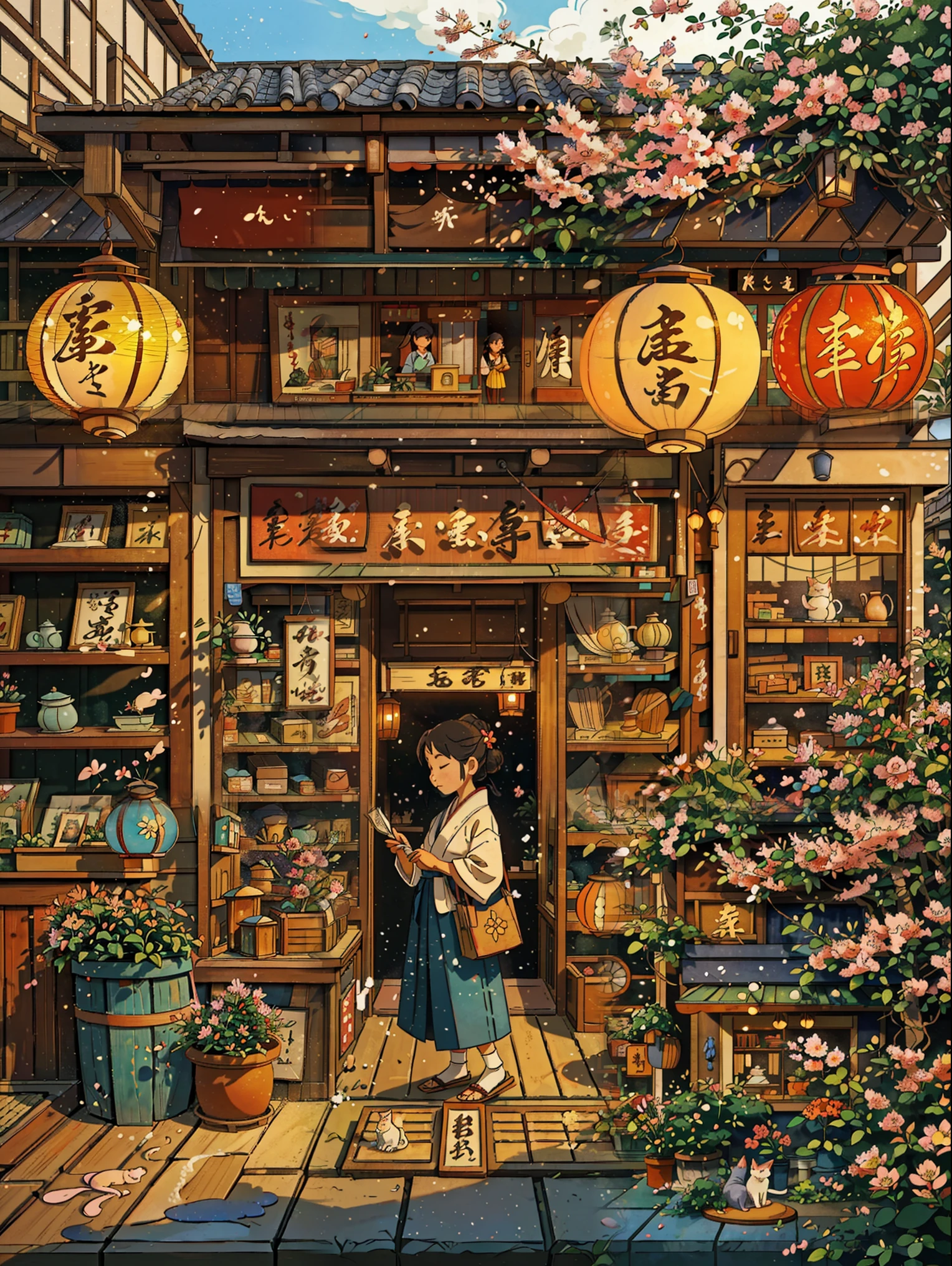 (a beautiful flower shop, traditional Japanese style, inspired by Ghibli anime),(best quality,ultra-detailed,realistic:1.37),vibrant colors,rays of sunlight pouring through the window,delicate cherry blossoms in full bloom,freshly cut flowers arranged in artistic displays,adorable anime characters shopping for flowers,traditional Japanese paper lanterns illuminating the shop,ancient wooden shelves filled with colorful pots and vases,an old-fashioned cash register adding a touch of nostalgia,a charming shopkeeper offering assistance,fragrant aroma filling the air,exquisite details in the flowers' petals and leaves,peaceful and serene atmosphere,Noh masks hanging on the wall,an enchanting painting of a mythical creature,next to a shelf of bonsai trees,tatami mats on the floor creating a cozy seating area,traditional sliding doors with beautiful paper screens,wisps of incense lingering in the air,a quiet corner dedicated to tea ceremonies,A terrarium filled with magical plants,floating lanterns creating a dreamy ambiance,a hidden garden with a flowing stream and stepping stones,an anime-inspired cat snoozing on the counter,flower shop customers wearing traditional kimonos,inspiring music playing softly in the background