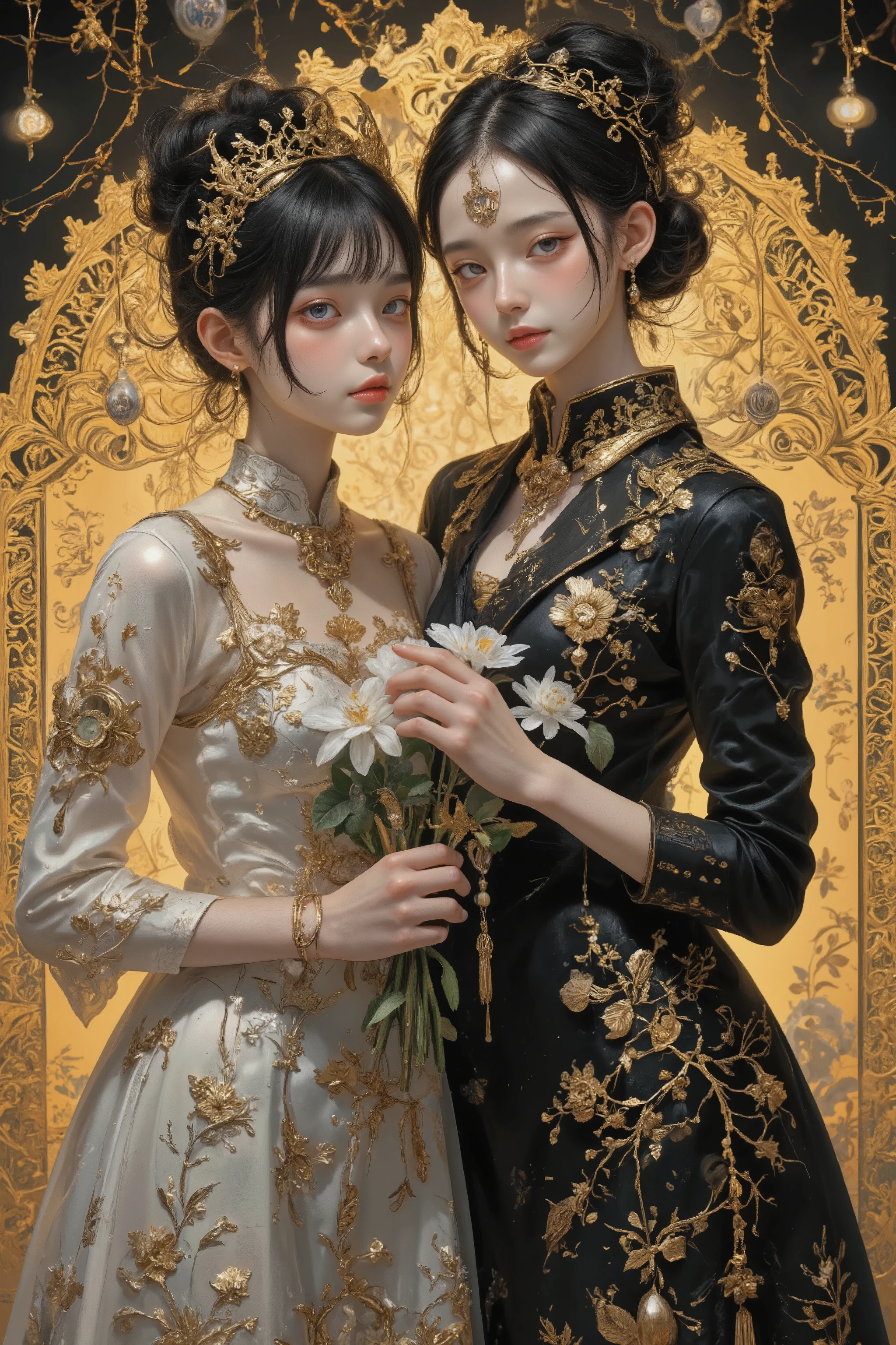 High Quality Portraits,Klimt's Artistic Style,Portrait of a royal sister,2 girls。sisters in sexy dresses with beautiful floral decorations,in a warm gold and black color scheme,delicate details,Professional Lighting Effects,Soft focus,bouquet,4K ultra high definition,Beautiful Gloss Skin,gorgeous background,mystical atmosphere,Klimt's Exquisite Oil Painting