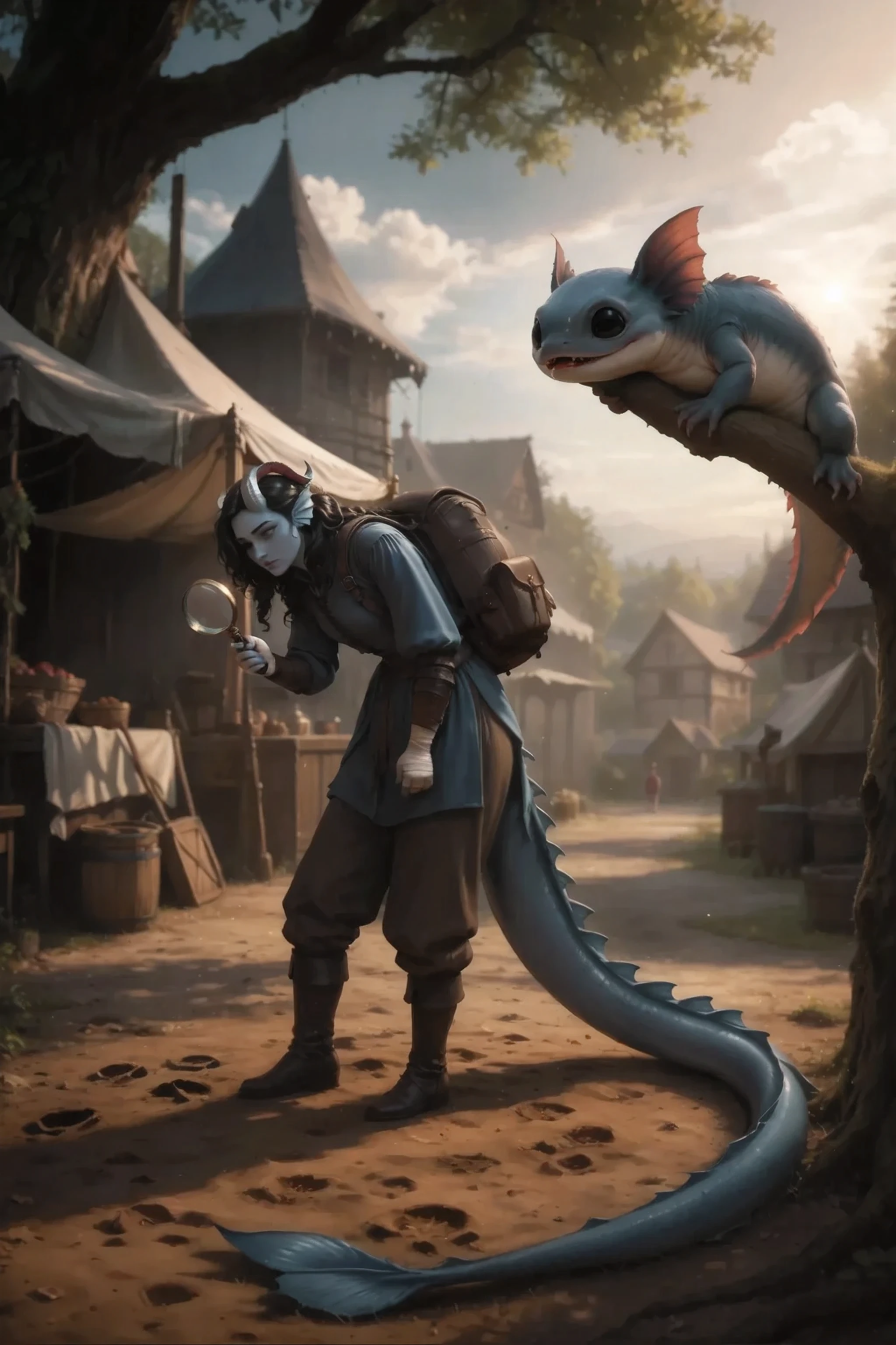 sits on a tree branch In the foreground, looking at the webbed prints of an animal walking towards the tree on brown ground, standing leaning over with a magnifying glass in her hand Kedra, a young woman with dark blue-gray skin dressed in simple medieval clothes, brown medieval pants and boots, and the young woman's long, very thick dragon tail is lowered down and stele is on the ground.
In the background of the street between the medieval market tents. There is a tree nearby, Character_Fuli, is sitting on a tree branch, a cute creature with big black eyes.
Warm sunlight falls in the rays giving long soft shadows. Very dark image . Dark background, contrasts objects with light. warm lighting.
beautiful clouds.
masterpiece, Best quality, Ultra-detailed, Cinematic emotional static frame, 8K UHD, backpack extremely detailed, physical visualization, HDR.
Unrealistic image, fantasy genre, dramatic lighting. Highly detailed digital art style.