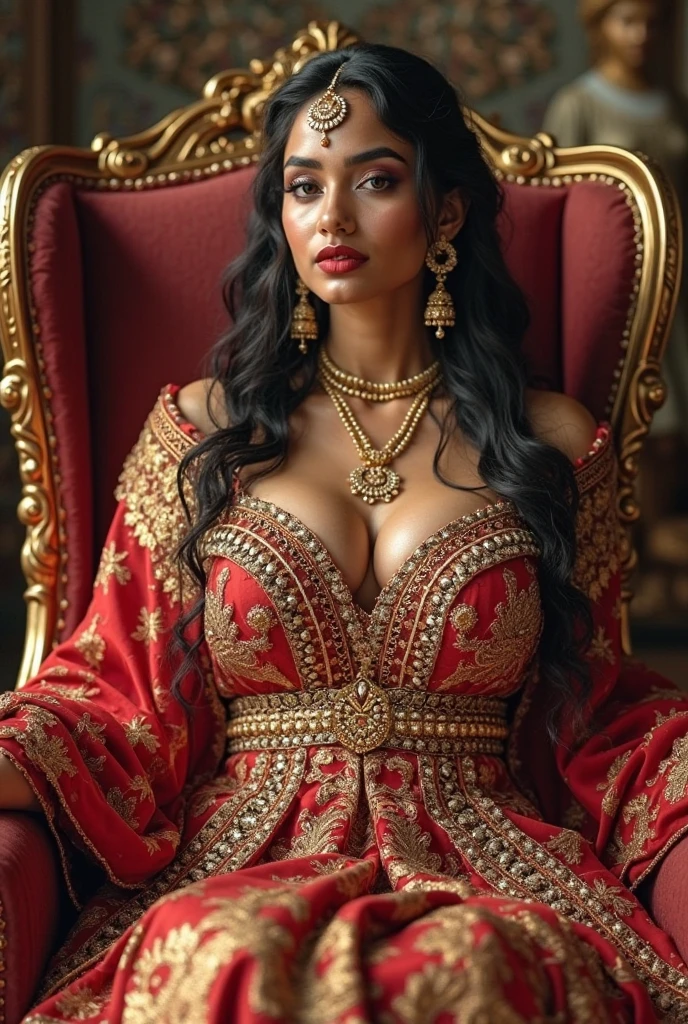 6 ft big breasted average beautiful sri lanakan wealthy age 25 girl in maharani dress. Wearing Academic regalia.well educated.sit in chair with massive big boobs, big butt