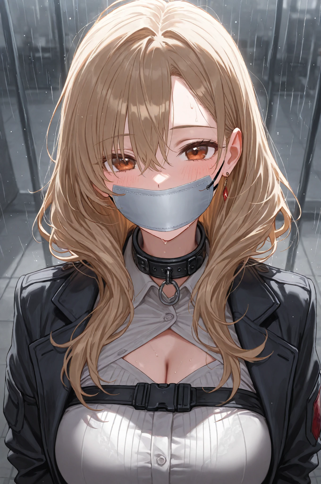 best quality, masterpiece, 1 Girl, Solitary, Plugs, Gag，The iron hook hooks the nose，Aheiyan，Huge bust，Drool，A collar with chains on it，，Transparent tulle clothes，Pink collar，Red pupil，Delicate nose
