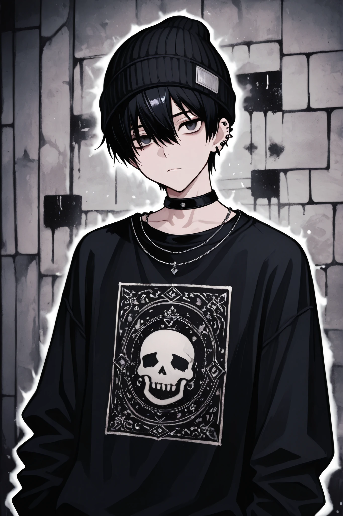 1boy, male focus, gothic male, black hair, piercings, beanie, masterpiece, best quality,absurdres , digital art style, drawn aesthetic, concept painting, ultrahigh definition,masterpiece, best quality, amazing quality, newest, very aesthetic,