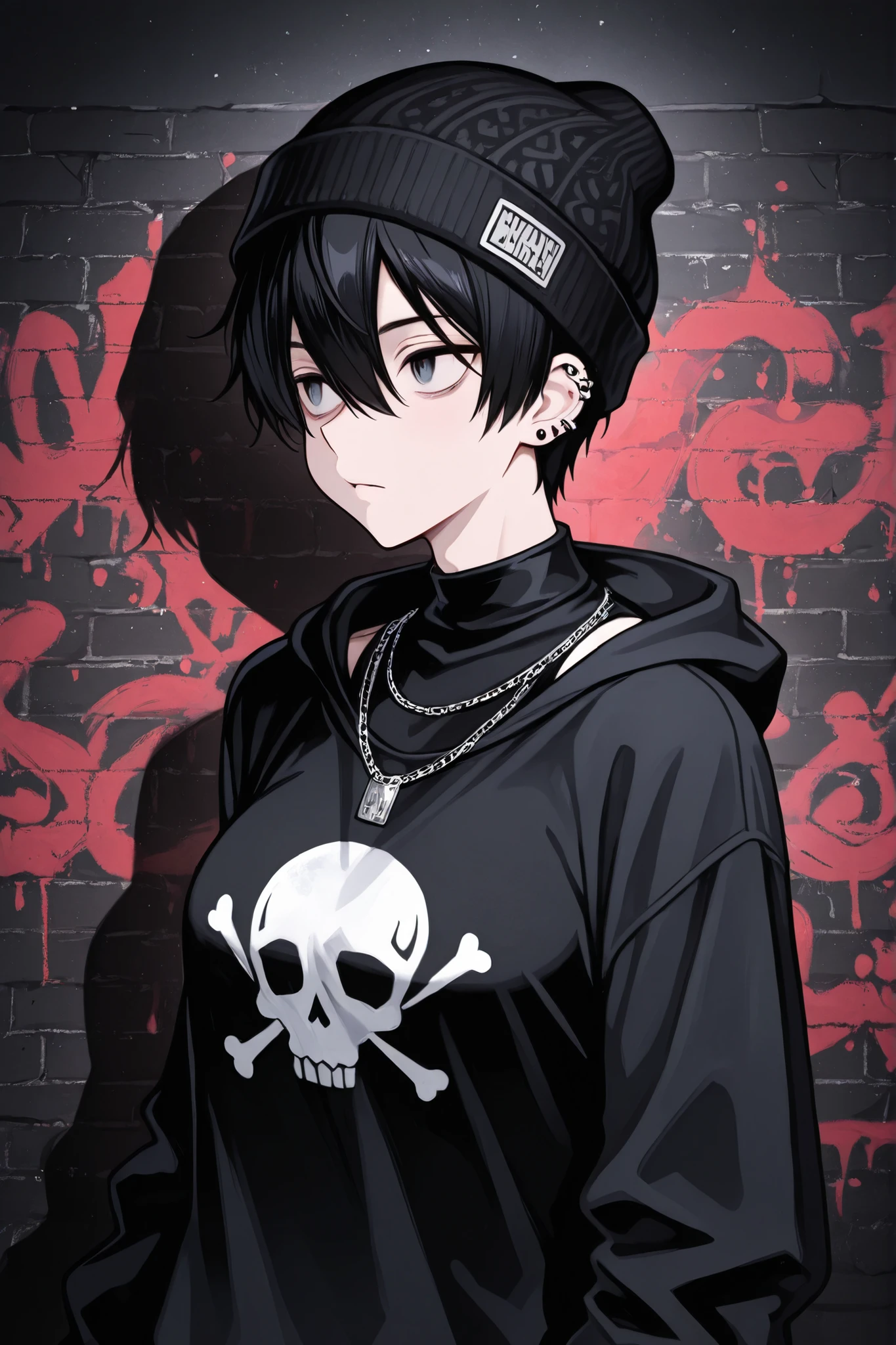 1boy, male focus, gothic male, black hair, piercings, beanie, masterpiece, best quality,absurdres , digital art style, drawn aesthetic, concept painting, ultrahigh definition,masterpiece, best quality, amazing quality, newest, very aesthetic,