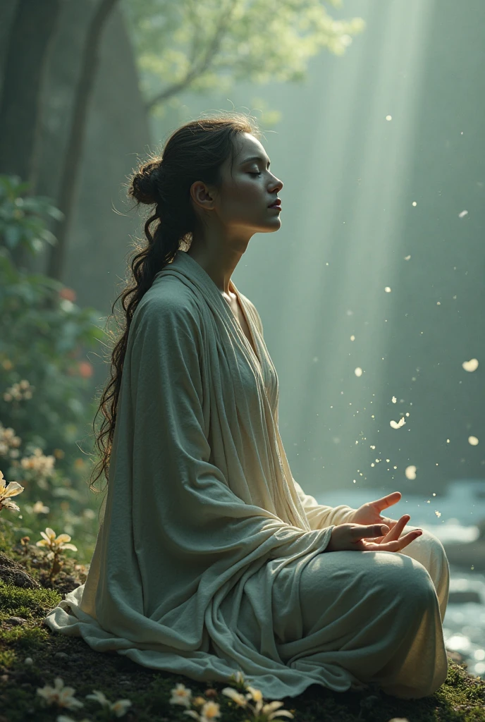 View , A young female monk ( silhouette:1.3), Meditation on a mossy tree in the forest, White soft flowing dress, Create a fantastic atmosphere, A wonderful interweaving of light and shadow, With a tranquil forest as the background, Bokeh, Shallow depth of field
