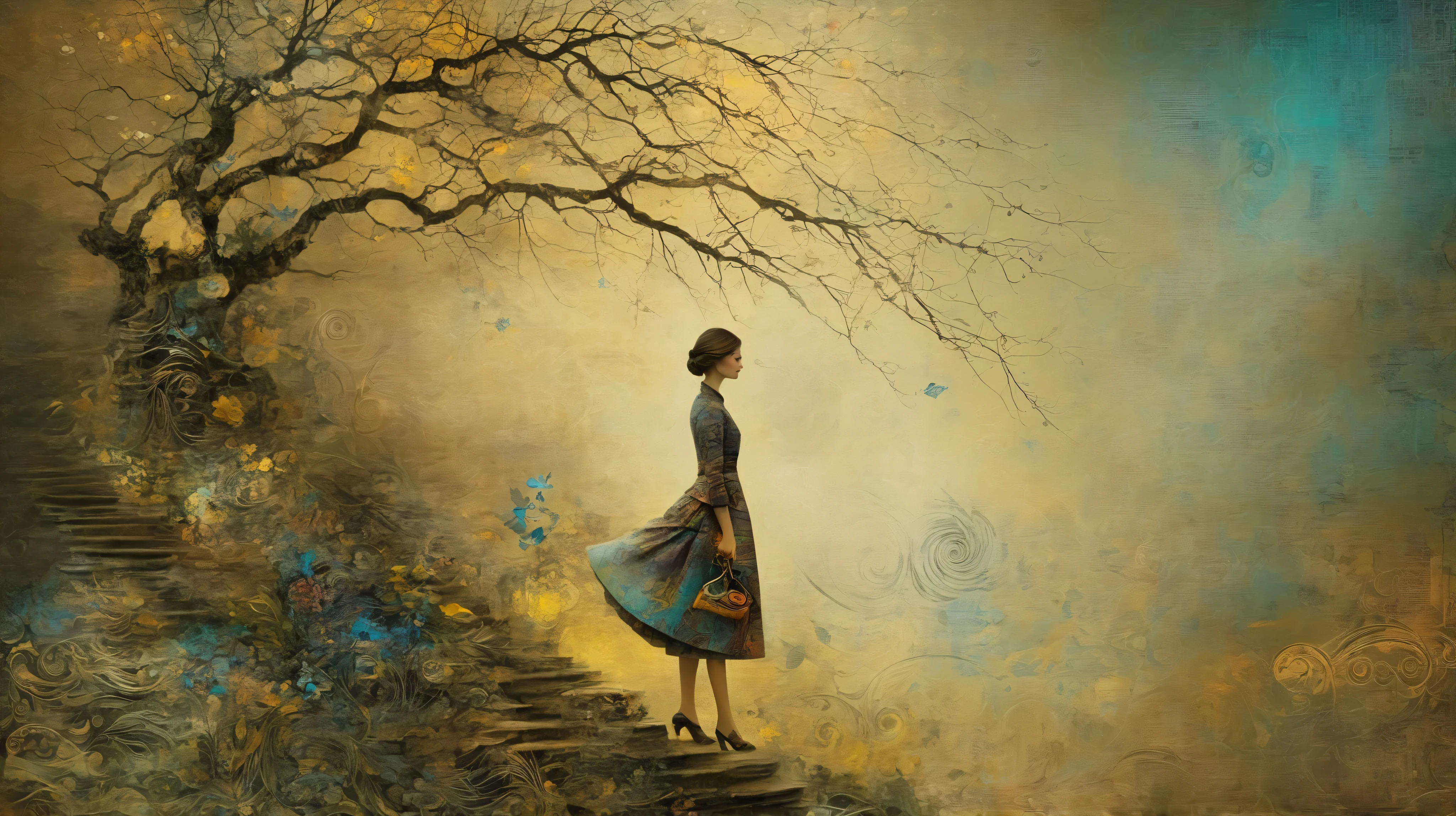 layered, a woman walking trought her memories, represented with a background texturized with decoupage, caligraphy, letters, whimsy mood, moody colors by Hans Zatzka with patterns