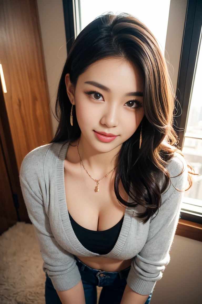 table top, highest quality, Photoreal, finely, High resolution, 8k wallpaper, perfect dynamic composition, beautiful and detailed eyes, medium hair, tied hair、big and full breasts, random sexy pose,chest to chest、(Tight pink see-through knitwear)、(Breast bulge 1.3)、laughter、open your mouth、The tip of the tongue is visible、(Licking Tongue 1.5)、beautiful resort scenery、25 years old、(droopy eyes 1.4)、Adult beauty、Japanese、Look at the person taking the photo
