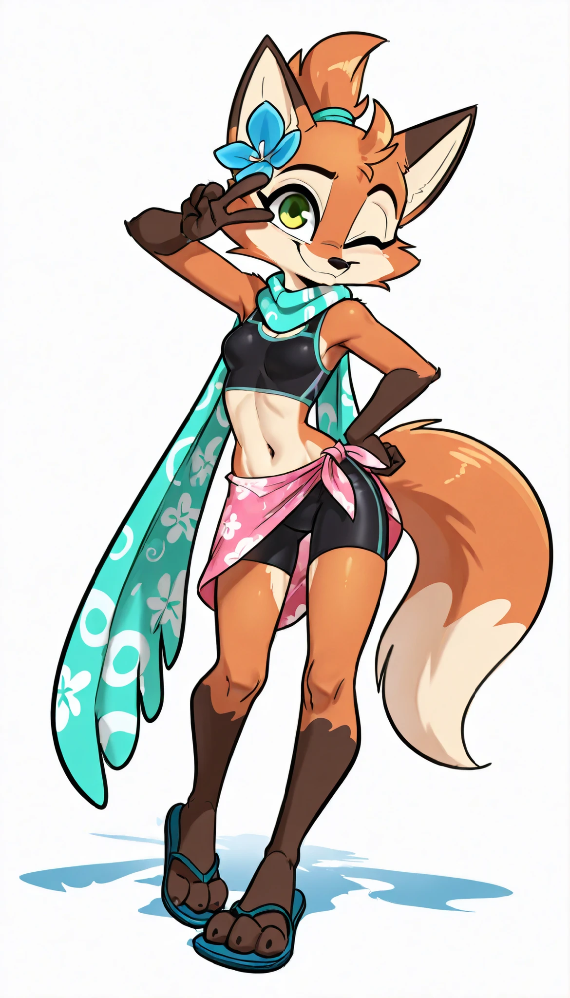 score_9, score_8_up, score_7_up, 1girl, source furry, absurdres, masterpiece, best quality, amazing quality, siroc, solo, dynamic angle, fleetfox, furry, fox, orange fur, green eyes, female, short hair, spiky pointed bangs tuft, ((fleetSummer, black tankini, midriff, black bike shorts, navel, turquoise long scarf with flower pattern, pink sarong, flip flops)), full body, feets with three toes, small breasts, ponytail, smile, standing, v, peace sign with one hand, one hand one hip,  wink, one eye closed, white background, simple background,