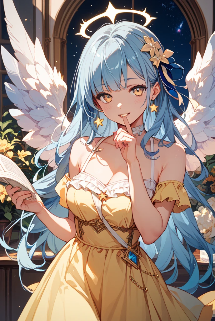 A woman with blue hair and angel wings in a blue dress - SeaArt AI
