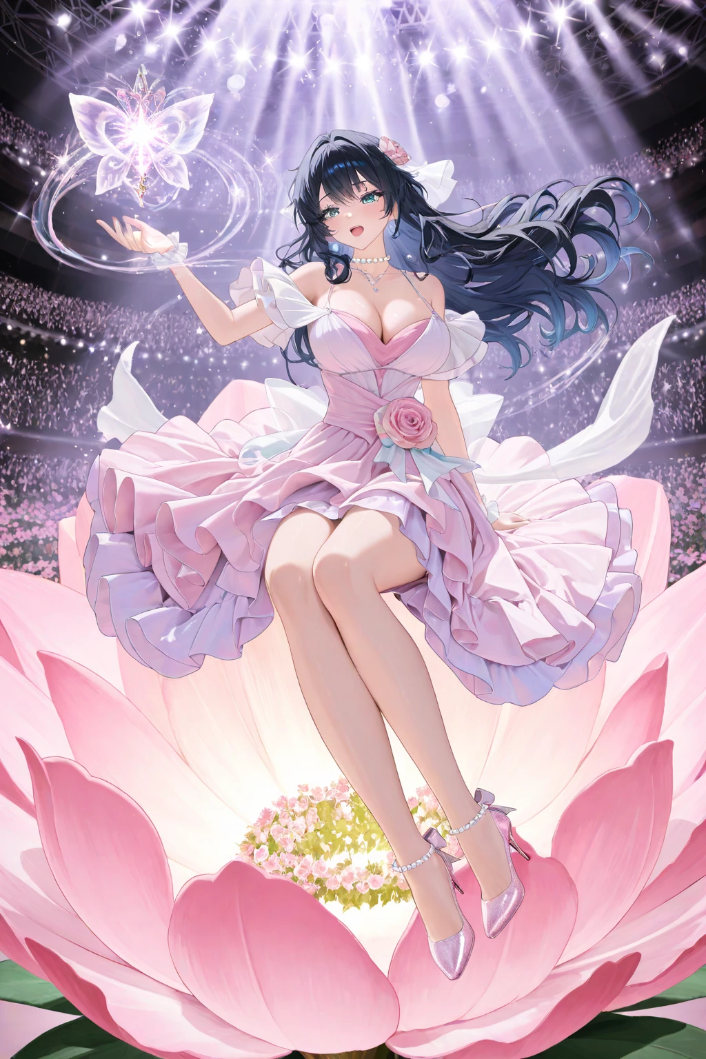 Highest quality、Very delicate and beautiful、Very delicate and beautiful、(Beautiful eyes)、Pink Eyes、I、I、、13 years old 、Japanese、、Chiquita、(armor)、(Black Hair)、((Pink leotard))、(High leg)、Tiara on head、Laughter、standing、Look forward、((The background is outer space))