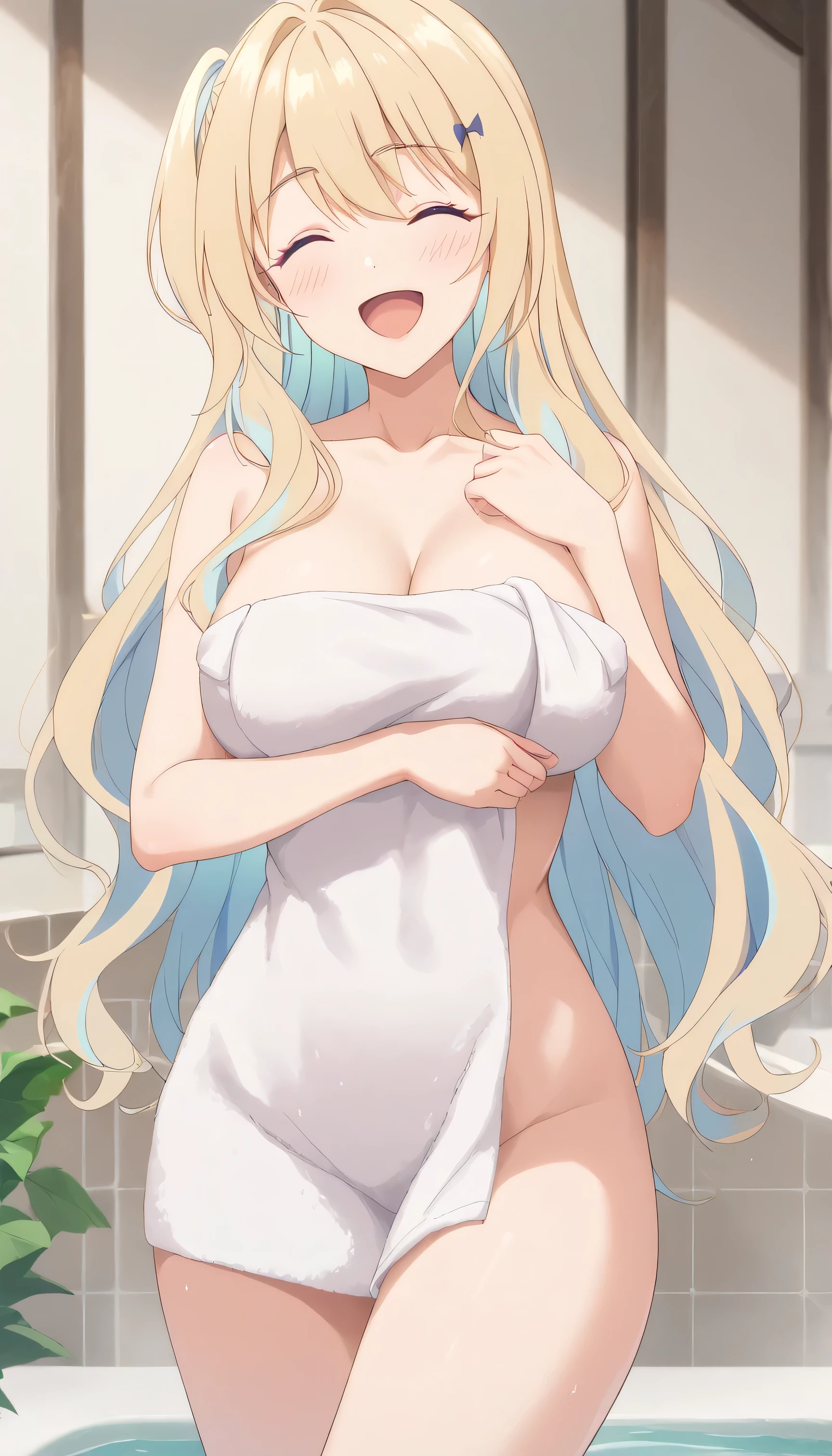 luna shirakawa、 、evening、Open-air bath、Covering her large breasts with a towel、laughing、Eyes closed、Blonde Hair、Multicolored Hair、 Around 25 years old、Anime style illustrations、SFW