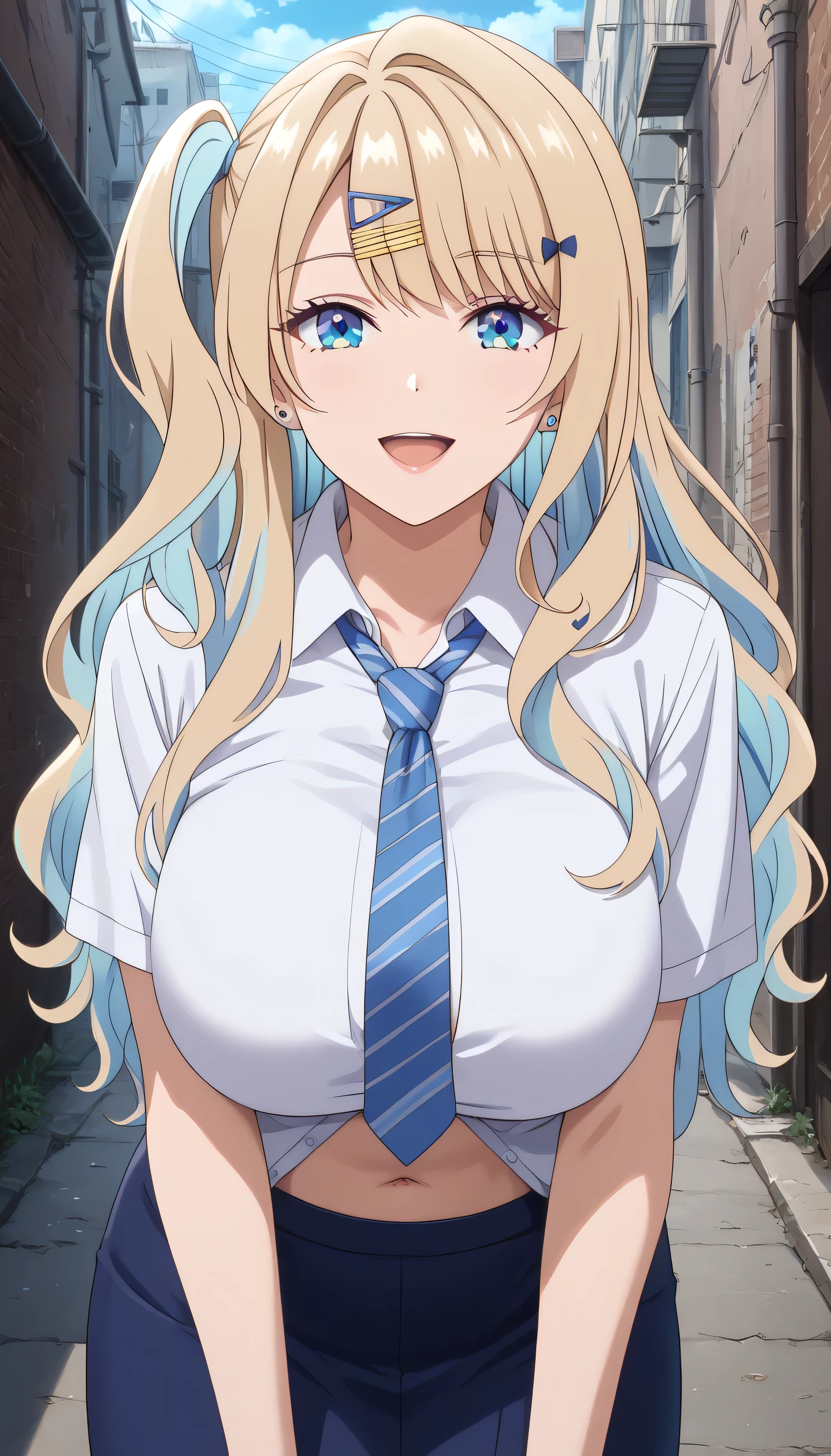 luna shirakawa, 1girl, long hair, solo, blue skirt, blonde hair, hair ornament, bow, multicolored hair, hairclip, ear piercing, open clothes, necktie, huge breasts, facing viewer, midnight, dark alley way background, open shirt, blue eyes, shiny, open mouth, shiny skin, seductive smile, shirt, blue necktie, ribbon, short sleeves, navel, defaultoutfit, cowboy shot, anime coloring, leaning forward, (masterpiece),(best quality),(ultra-detailed),(best illustration),(best shadow),(absurdres),(detailed background),(very aesthetic),