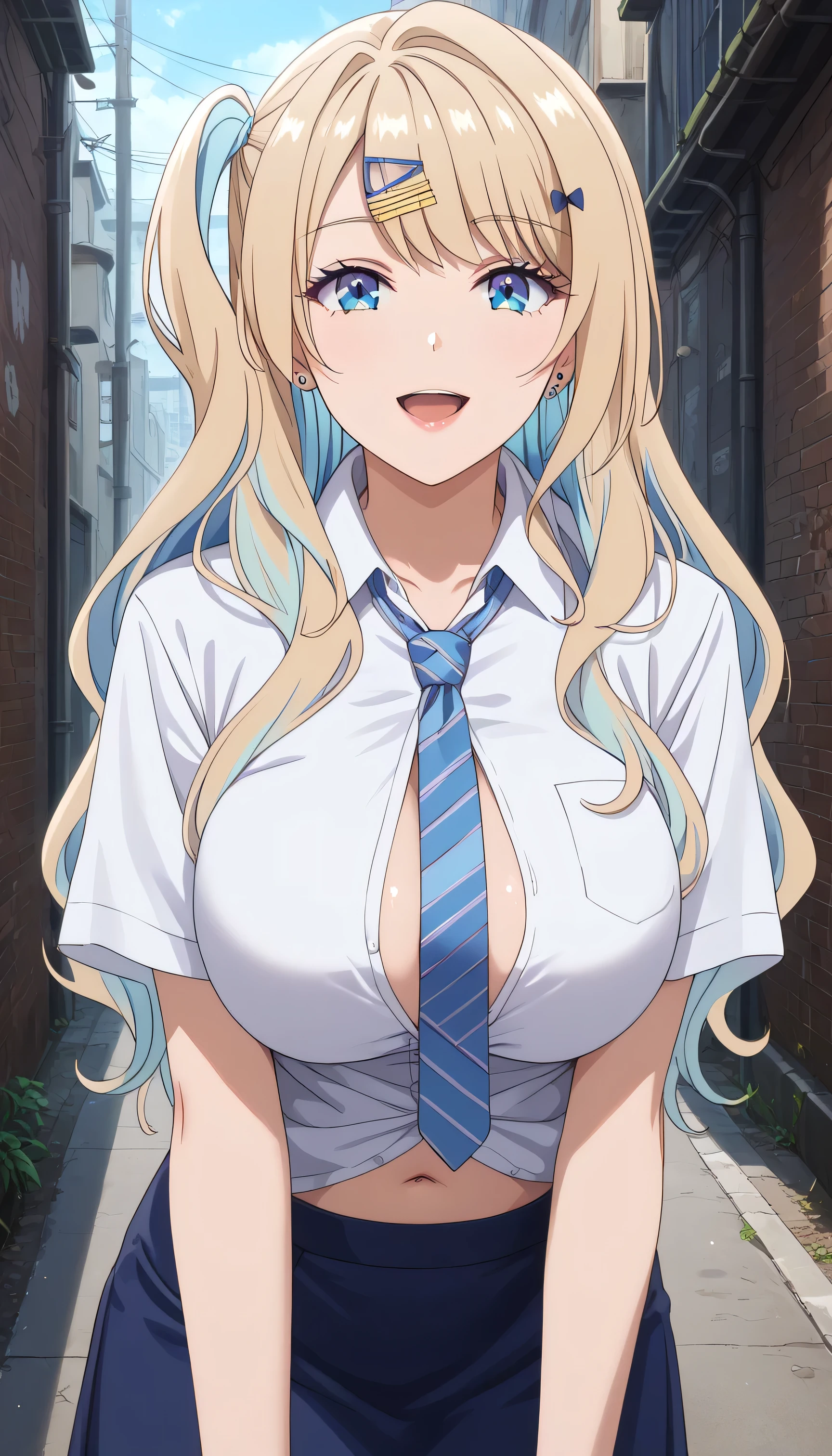 luna shirakawa, 1girl, long hair, solo, blue skirt, blonde hair, hair ornament, bow, multicolored hair, hairclip, ear piercing, open clothes, necktie, huge breasts, facing viewer, midnight, dark alley way background, open shirt, blue eyes, shiny, open mouth, shiny skin, seductive smile, shirt, blue necktie, ribbon, short sleeves, navel, defaultoutfit, cowboy shot, anime coloring, leaning forward, (masterpiece),(best quality),(ultra-detailed),(best illustration),(best shadow),(absurdres),(detailed background),(very aesthetic),