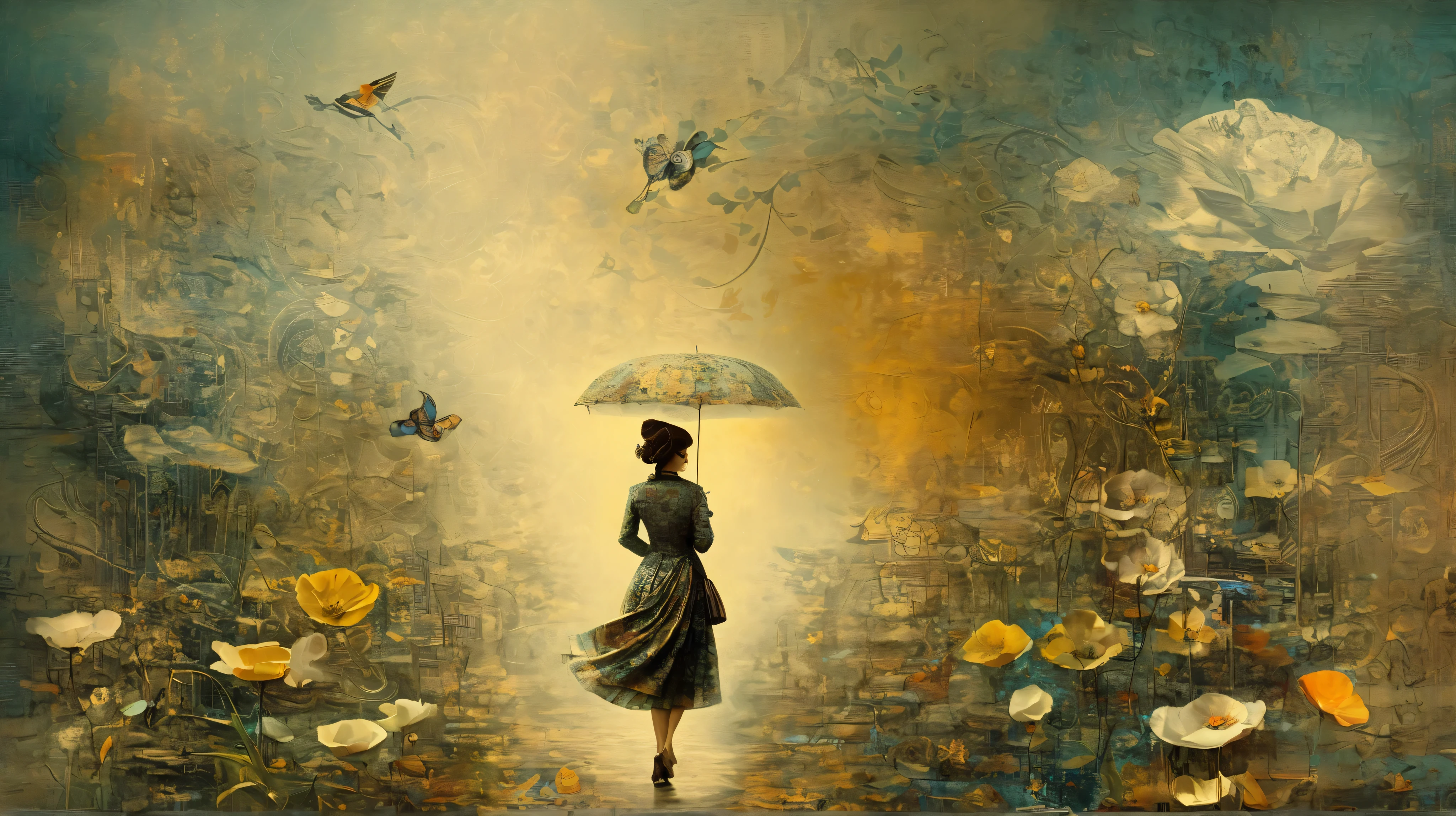 layered, a woman walking trought her memories, represented with a background texturized with decoupage, caligraphy, letters, whimsy mood, moody colors by Hans Zatzka with pattern