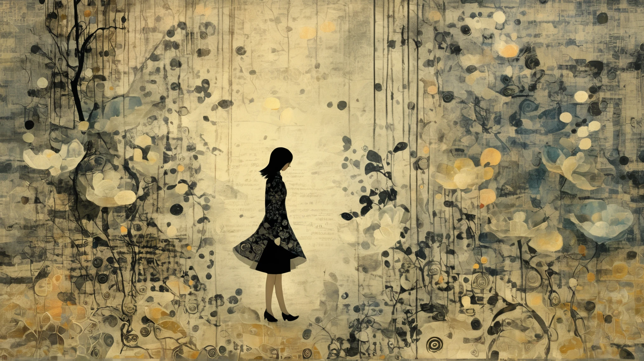 layered, a woman walking trought her memories, represented with a background texturized with decoupage, caligraphy, letters, whimsy mood, moody colors by Makoto Kobayashi with pattern