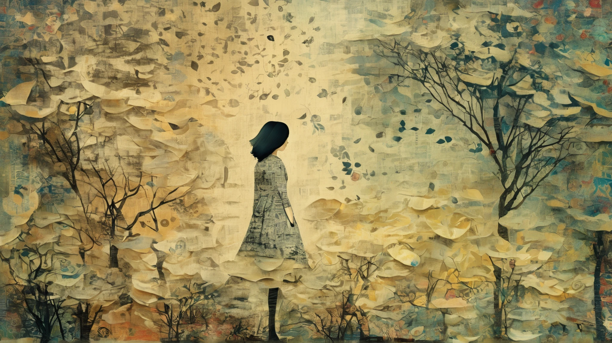 layered, a woman walking trought her memories, represented with a background texturized with decoupage, caligraphy, letters, whimsy mood, moody colors by Makoto Kobayashi with pattern