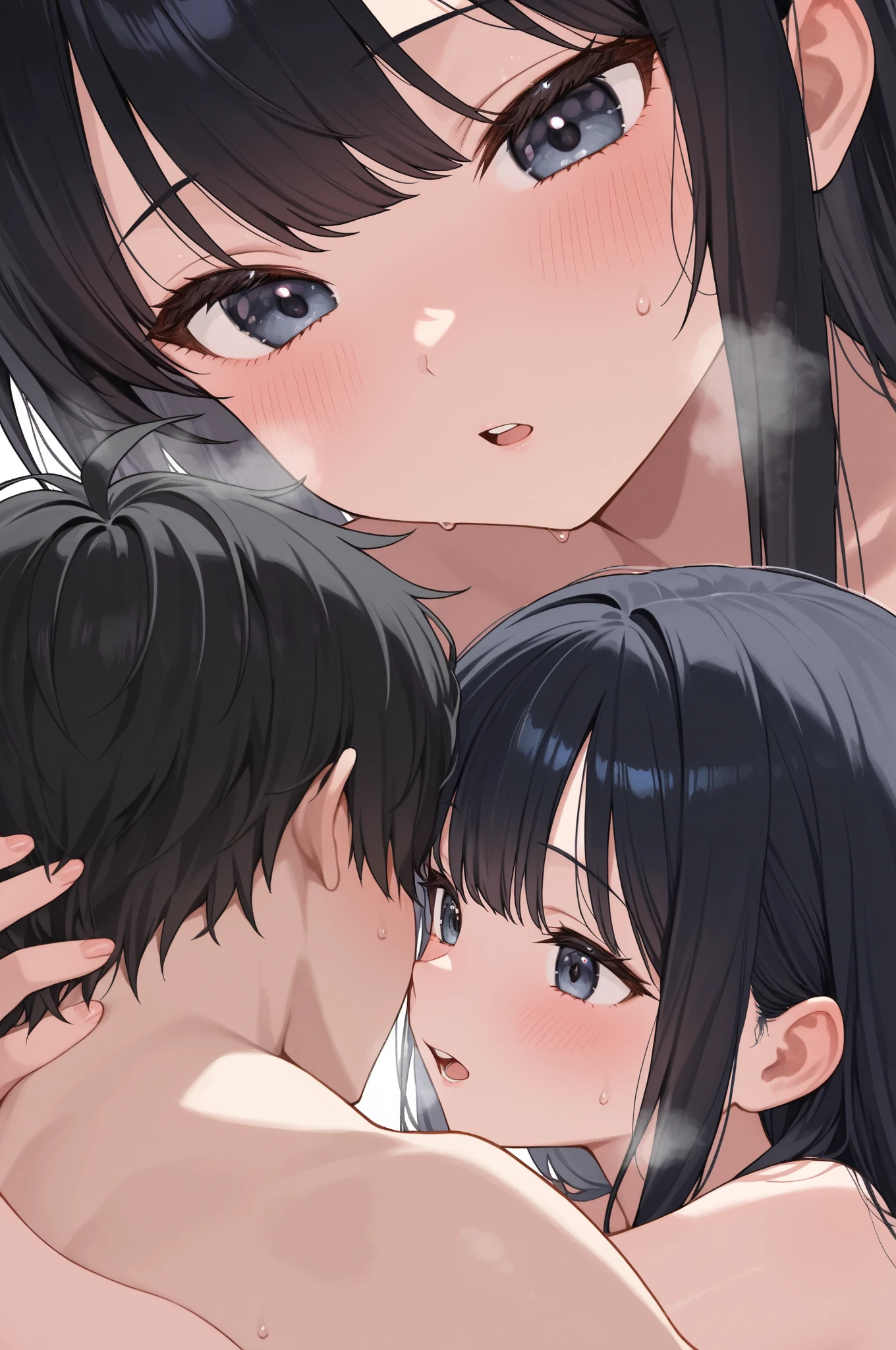 A naked middle-aged man puts his penis into the mouth of a small-breasted girl with black bob hair, eyes wide open, crying on a train, her nipples erect, and pale pubic hair flowers, topless and wearing floral panties and a checked skirt, feeling embarrassed and scared as she resists.、whole body
