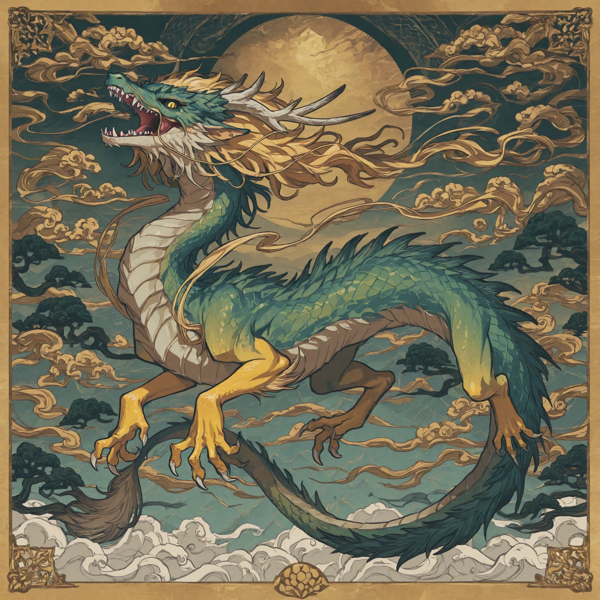 masterpiece, ultra-HD, impressionism, high detail, best quality, very aesthetic, 8K, best quality, beautiful, ultra-high resolution, 32K UHD, 4ki4k4ne_illu, 1Eastern dragon, feral, solo, beast, black sclera, yellow eyes, slit pupils, green scales, yellow skin, blonde hair, sharp teeth, horns, dragon tail, claws, roaring, full body, slim, serpentine body, looking at viewer, flying, sky background, from the front view