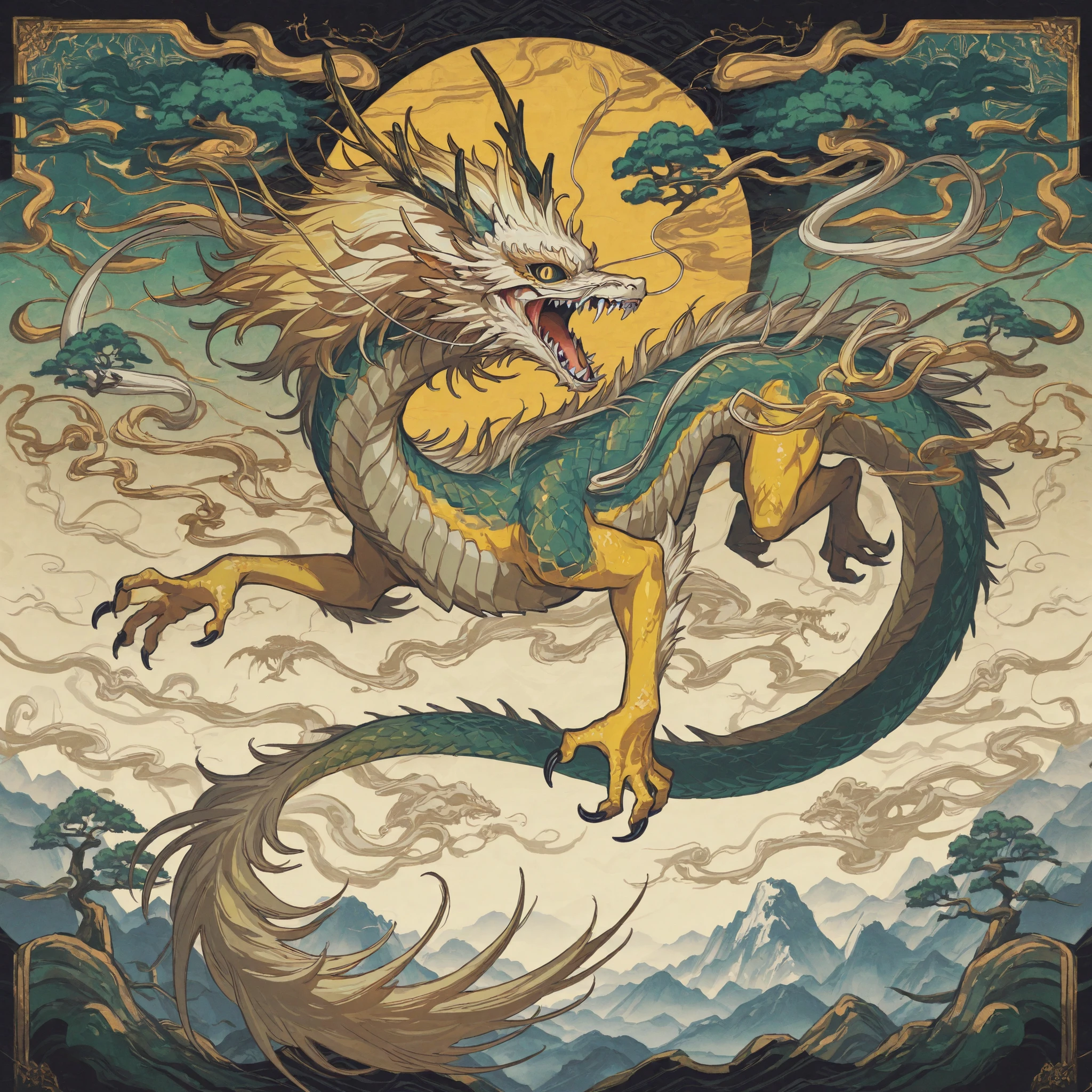 masterpiece, ultra-HD, impressionism, high detail, best quality, very aesthetic, 8K, best quality, beautiful, ultra-high resolution, 32K UHD, 4ki4k4ne_illu, 1Eastern dragon, feral, solo, beast, black sclera, yellow eyes, slit pupils, green scales, yellow skin, blonde hair, sharp teeth, horns, dragon tail, claws, roaring, full body, slim, serpentine body, looking at viewer, flying, sky background, from the front view