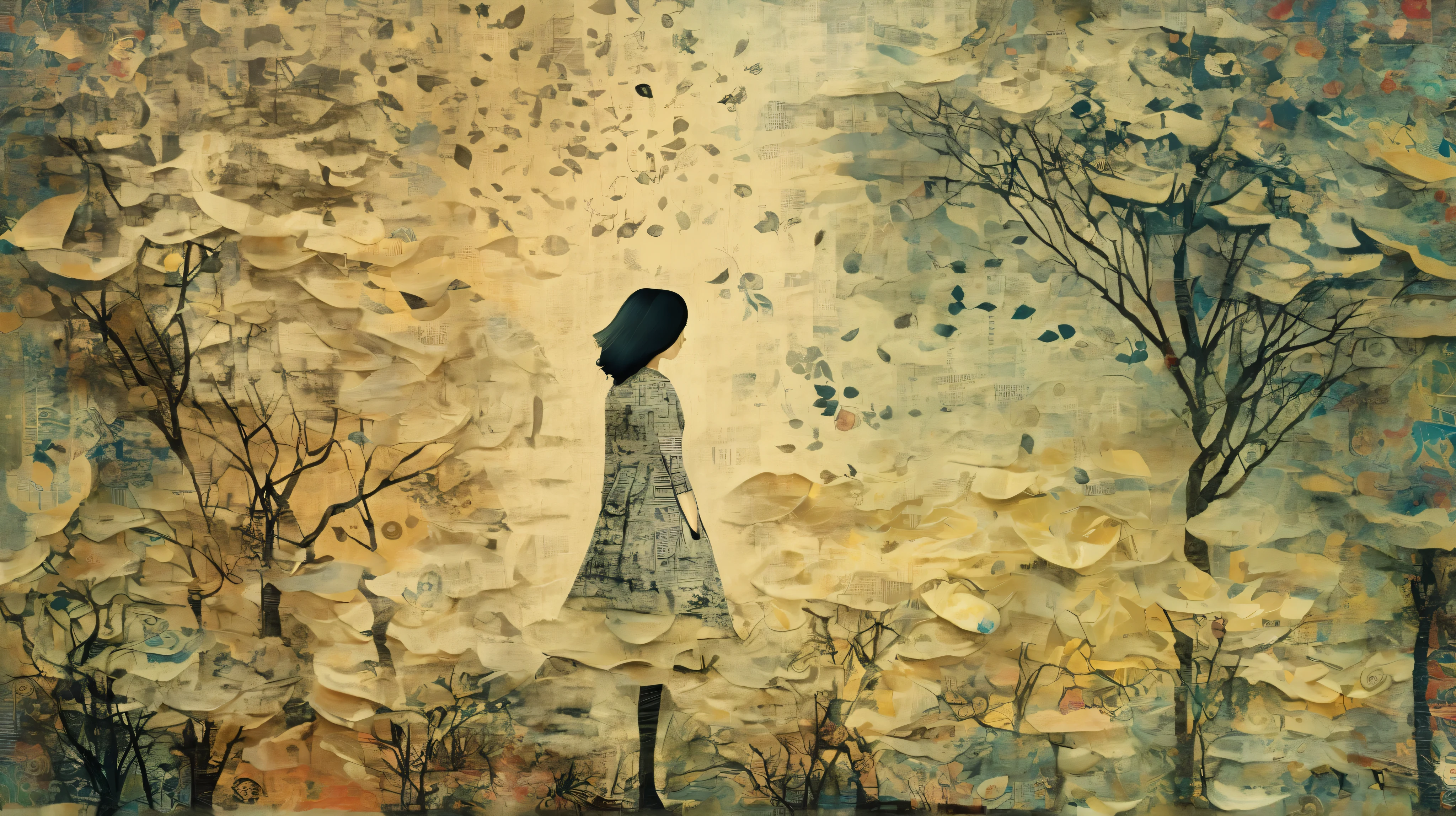 layered, a woman walking trought her memories, represented with a background texturized with decoupage, caligraphy, letters, whimsy mood, moody colors by Makoto Kobayashi with pattern