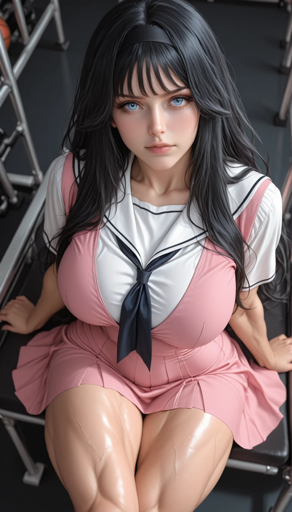 waguri kaoruko, black hairband, black hairband, school uniform, pink dress, white sailor collar, white shirt, serafuku, petite anime girl, black hair, long hair, blue eyes, wearing a refined, , wide curvy , thick muscular thighs, muscular body, voluptuous body, Curvy body, thicc woman, 1girl, solo, Hype4realistic, Realistic, Ultra-Realistic, looking at the viewer, Streching her , in gym, from above, dynamic angle 