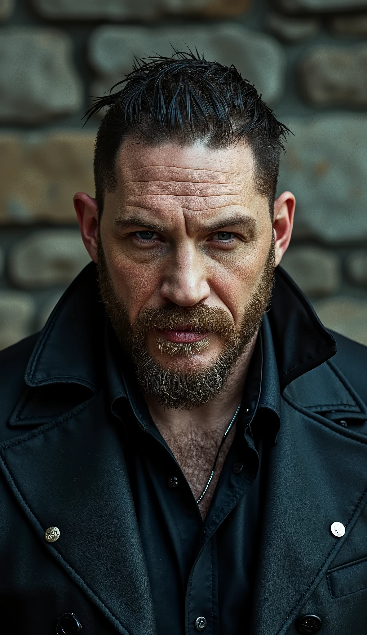 Ultra-realistic 8K cinematic render Tom Hardy background with subtle stone wall texture, realistic shadows, sharp focus.
