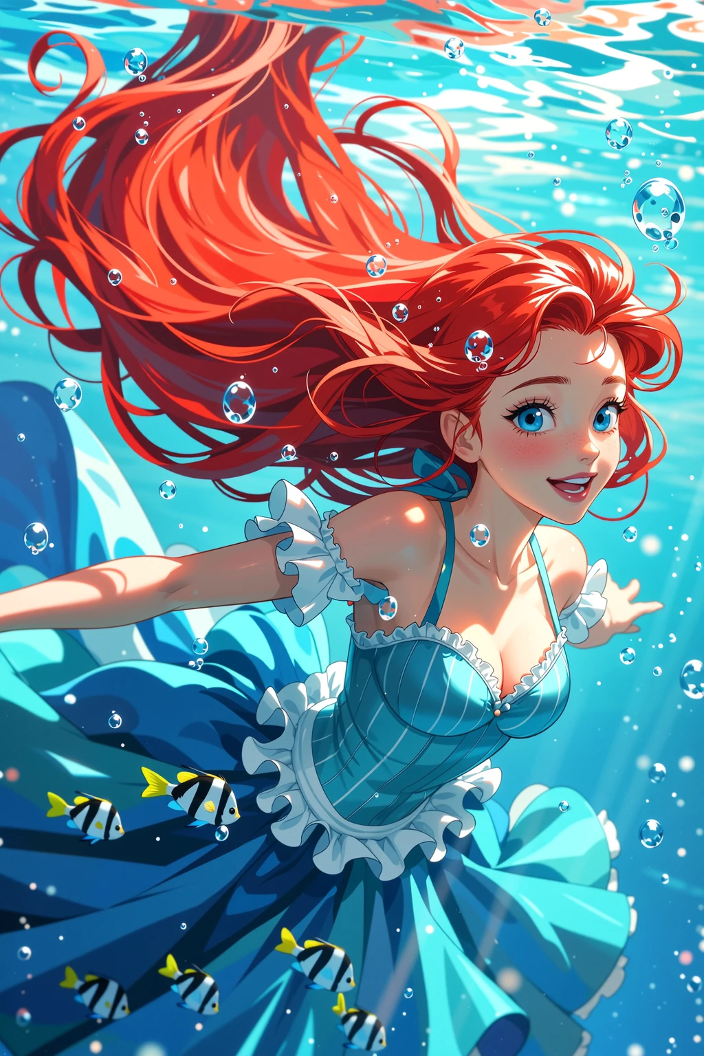 1girl, scylla, tentacles below waistline, tentacles, suction cups, fused, full body, large breast, blue eyes, red hair, long hair, princess dress, red lips, smile, blush, happy face, underwater,