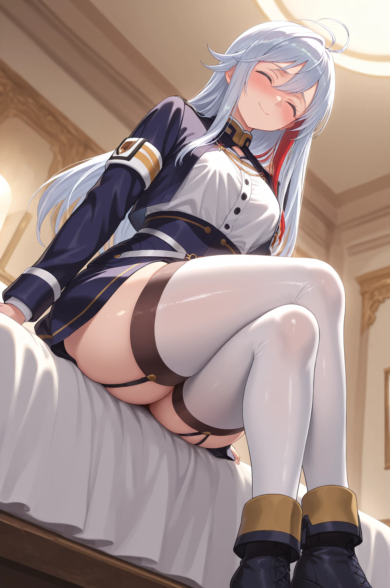 ((best quality)), ((masterpiece)), (detailed), Mommy, captain hat, White Naval uniform, White jacket in shoulder, White stocking, big breast, jacket on sholder.