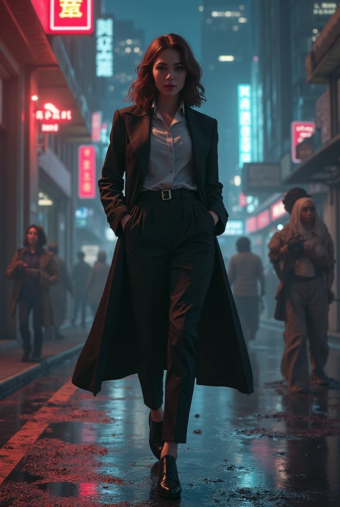 ( 
    (Character: one escapist woman, irish, slim body:1.3, eedhead, blue eyes, medium and wavy red hair, slim) 
    (Clothing: jumpsuit, boots)
    (Pose: full body shot:1.7, Mid-step, as if sneaking, finger on lips signaling quiet)
    (Background:dark alley, intense urban lights in background, rain, purple color scheme) 
    (Style: ((Best quality)), ((masterpiece)), (face detailed), photo-realistic:1.3, hyperrealistic) 
)