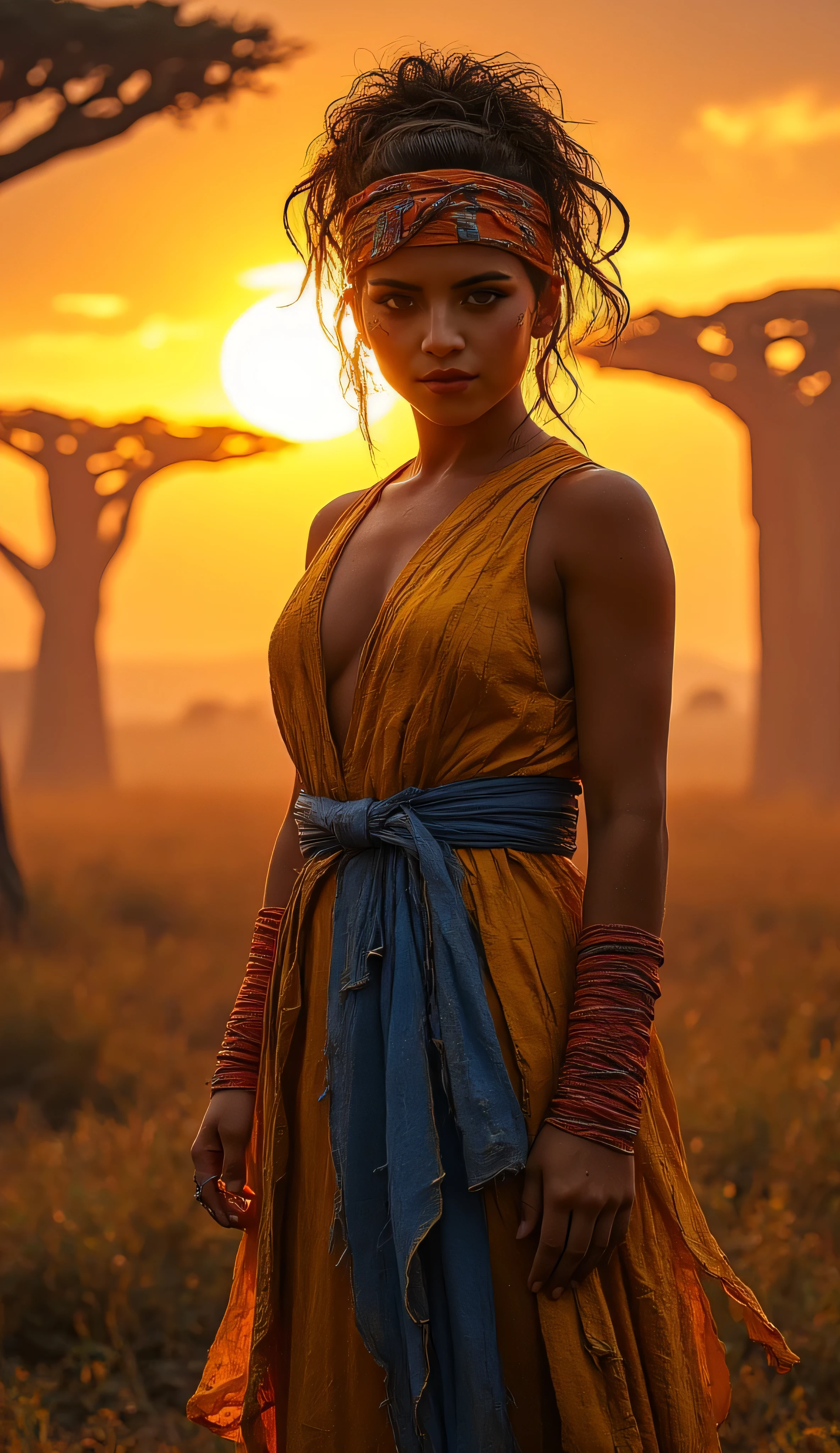 Isabela Merced as Miary Zo, Tekken, powerful warrior, standing, dramatic sunset landscape of Madagascar, surrounded by towering baobab trees, athletic build, wears torn yellow martial arts tunic with a blue sash tied around her waist, fists are wrapped with red fighting bands, tribal face paint, curly hair is tied back with an orange patterned headband, watching alertly, cinematic atmosphere, warm orange light, detailed shadows, sense of strength and determination, highly detailed, fantasy digital painting, epic and realistic style