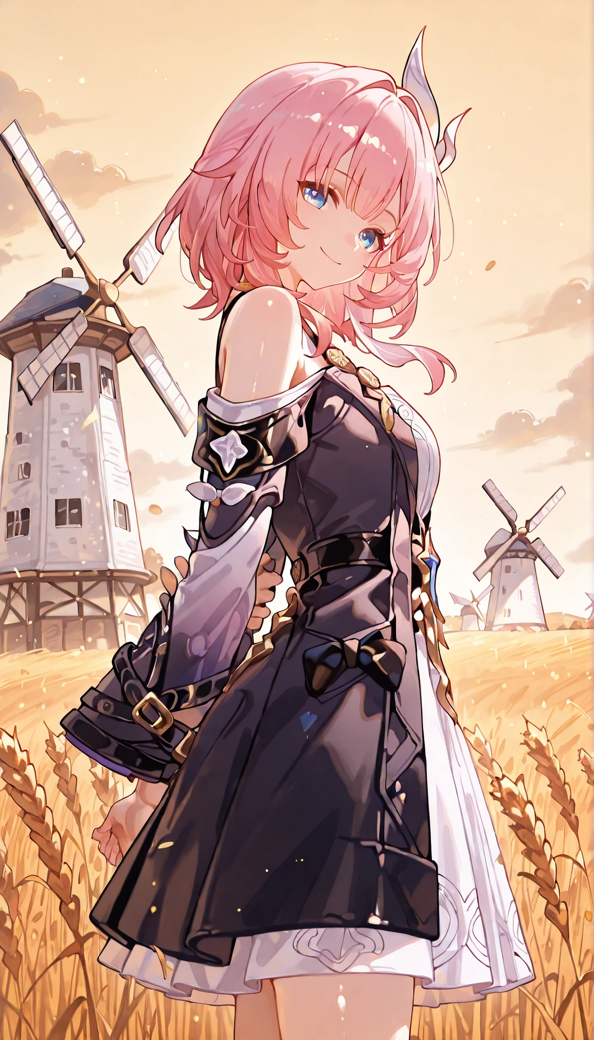 masterpiece, 1girl, rating:g, cyrene_\(honkai_star_rail\), cowboy shot, smiling, close mouth, long hair, arms_at_back, leaning_to_the_side, side view, head tilt, look at viewer, yellow sky, wheat field, windmill:0,7, (three_quarter_view: 1.2), (absurdres :1.3).