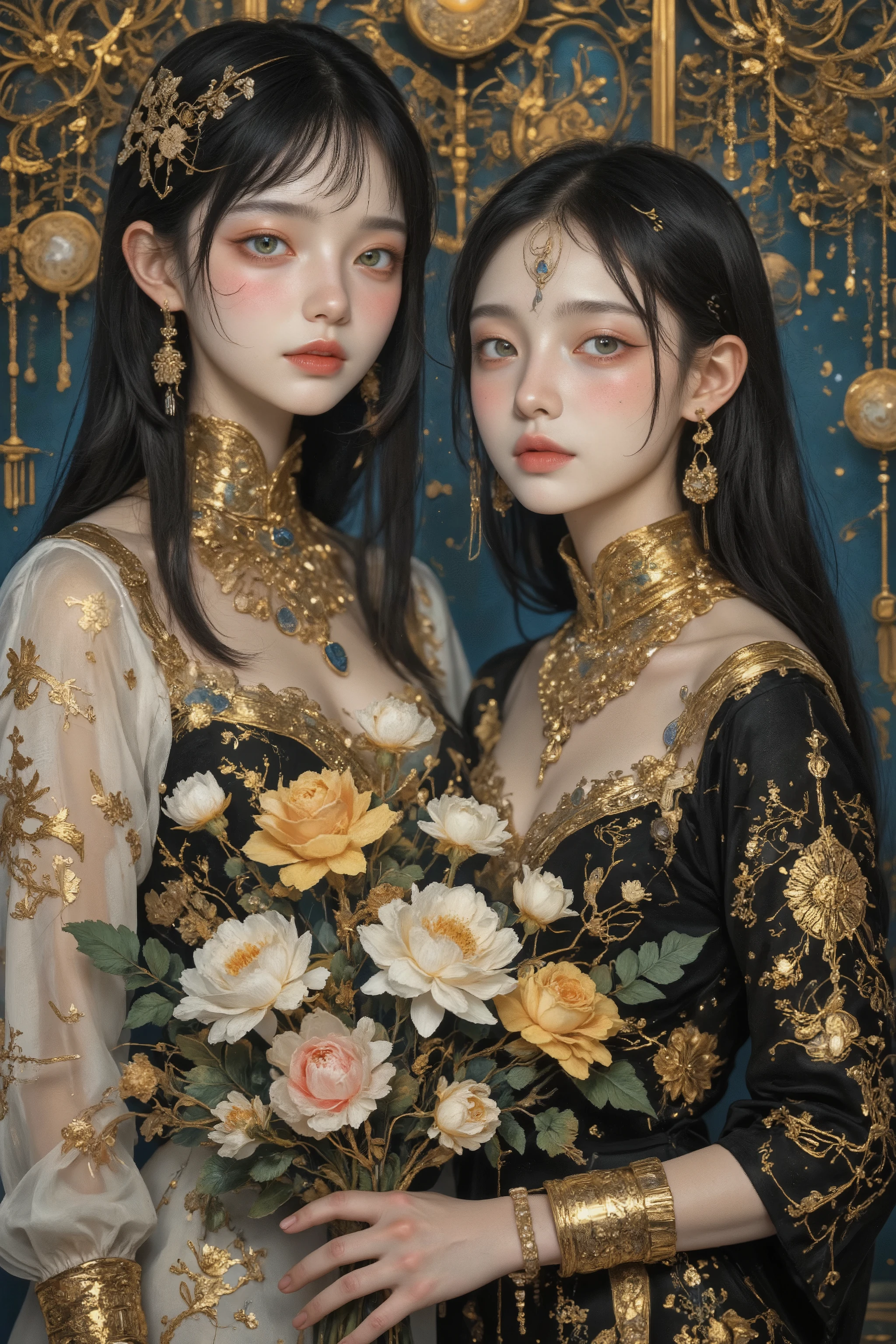 Ultra-high-quality portrait in the artistic style of Gustav Klimt, but with a photorealistic approach. Two royal sisters with black hair, portrayed with natural, lifelike facial features and realistic skin texture. They wear elegant dresses accented with floral ornaments and subtle golden details, blending realism with Klimt’s decorative elegance.
The color palette emphasizes warm gold and black tones. Their luminous skin shows natural pores and softness, avoiding an overly artificial look, while still glowing under professional cinematic lighting.
The background is ornate and luxurious, decorated with Klimt-inspired golden patterns, subtle mosaics, and swirling motifs, but rendered in a more realistic, three-dimensional style.
Sharp focus on the sisters’ faces and upper bodies, with soft bokeh around the bouquet and background. 4K+ resolution, extremely detailed, combining photorealistic portraiture with Klimt’s ornamental richness for a cinematic, timeless composition.