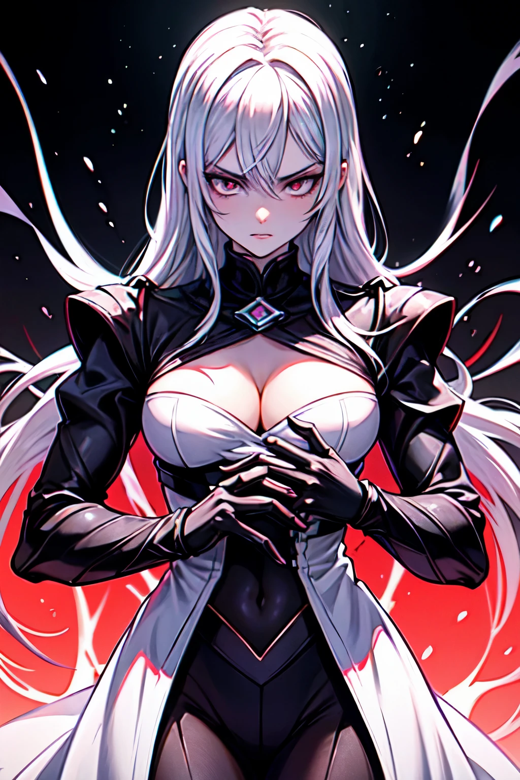 girl, (huge breasts size 170 cm), (narrow waist), Powerful woman, White hair, big butt, beautiful face, fine features, Red eyes, SMILE, evil, psychopath, mileena costume, black suit
