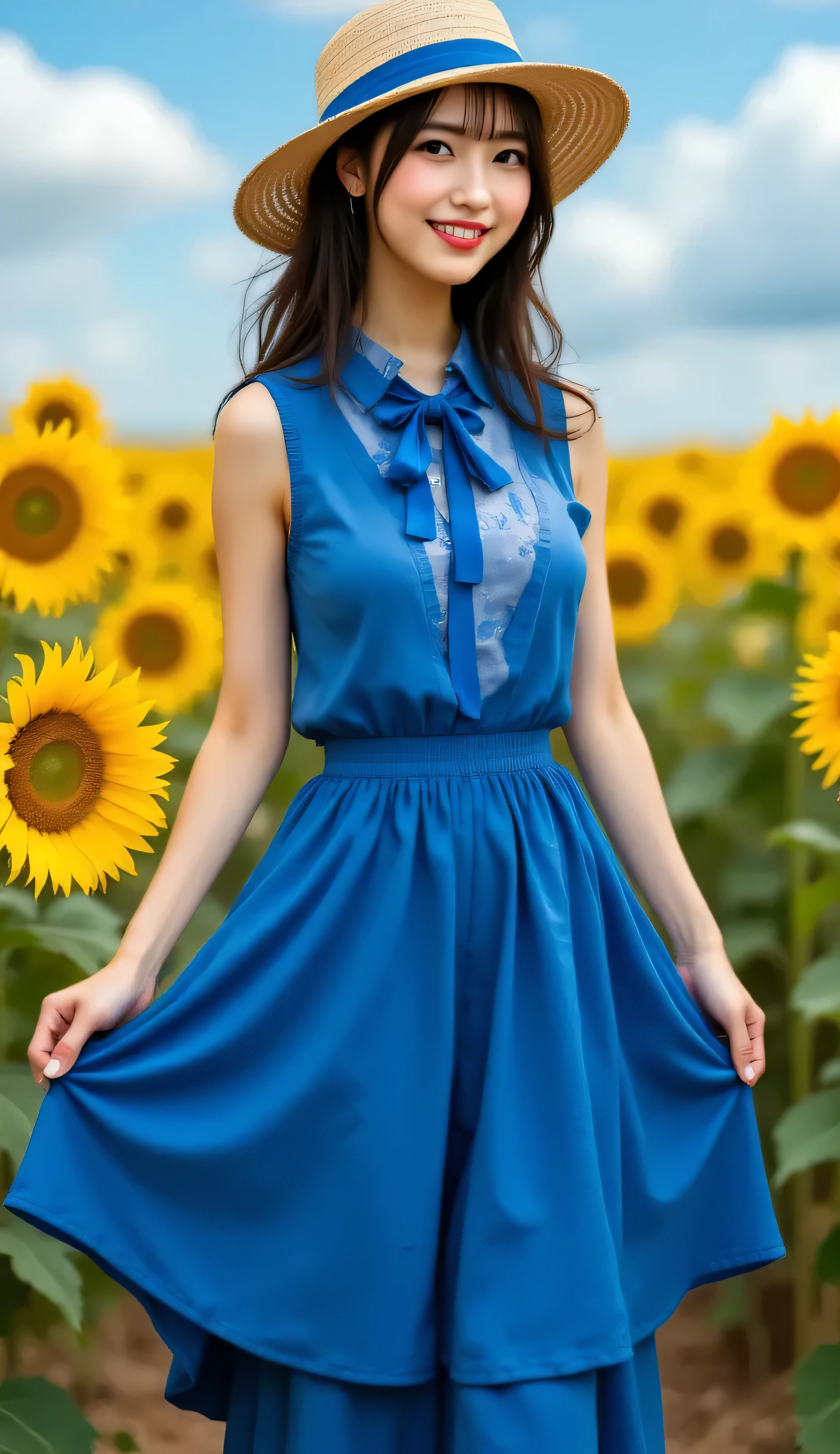 masterpiece、Highest Quality、detail expression、balanced configuration、8k、very realistic style、Anatomically Accurate Hands and Fingers、well-balanced natural skeleton、full body portrait、 A Beautiful Woman Standing in a Sunflower Field Expanding Under the Blue Summer Sky、grab the hem of the skirt with both hands、a big smile showing white teeth、Japanese、Straw Hat with Royal Blue Bow、straight black hair fluttering in the wind、Sleeveless Brilliant Royal Blue Long Skirt Dress、barefoot, brown sandals、A bright sunflower field on one side、Blue summer sky and clouds of Nyudo、Hair and Skirt Fluttering in the Wind、a refreshing atmosphere in the summer glare