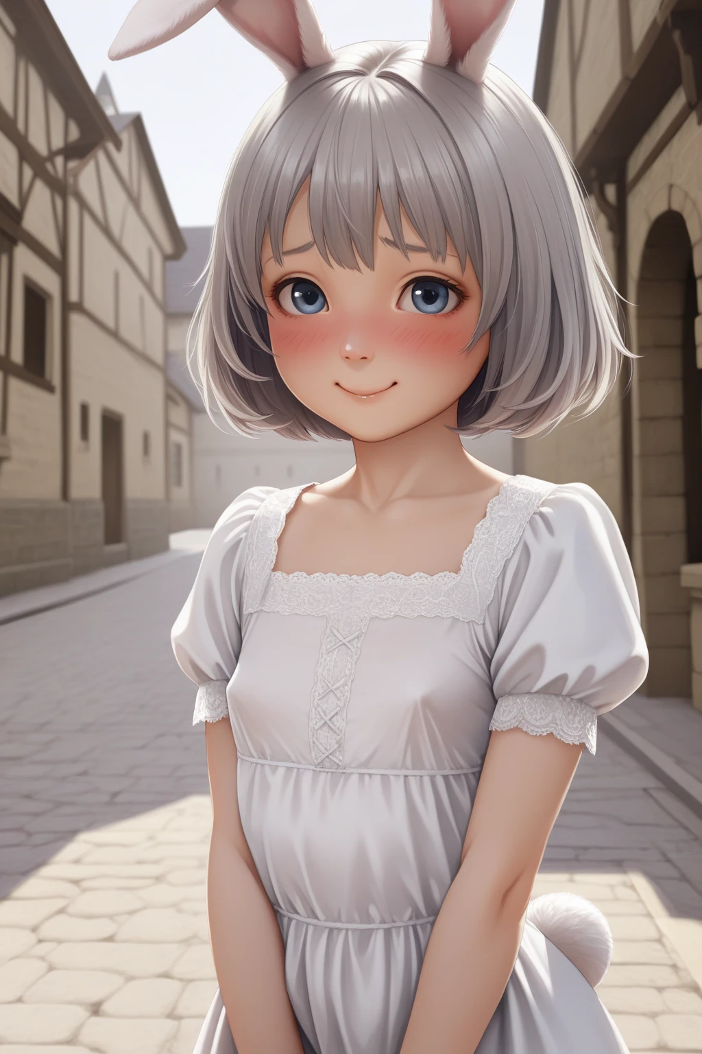 masterpiece, Highest quality, Very detailed, High resolution, An expensive solution, High resolution, 4K, 8K, ユニティ 8K 壁紙, Very detailed CG, masterpiece, Realistic, 2D, 3d, Beautiful details, depth, Fine texture, Super quality: 1.3, Fully focused, Crispy.skin, .he, Very cute anime girl about 3 years old, Expensive silver short hair, Girl about 3 years old, alone, pretty blue dress, blush, Mole, Part your lips, hair ornaments, heart, Purple eyes、Hold a  in your mouth、A defiant smile、Lifting her skirt, a dark alley、Sit on the air conditioner's outdoor unit