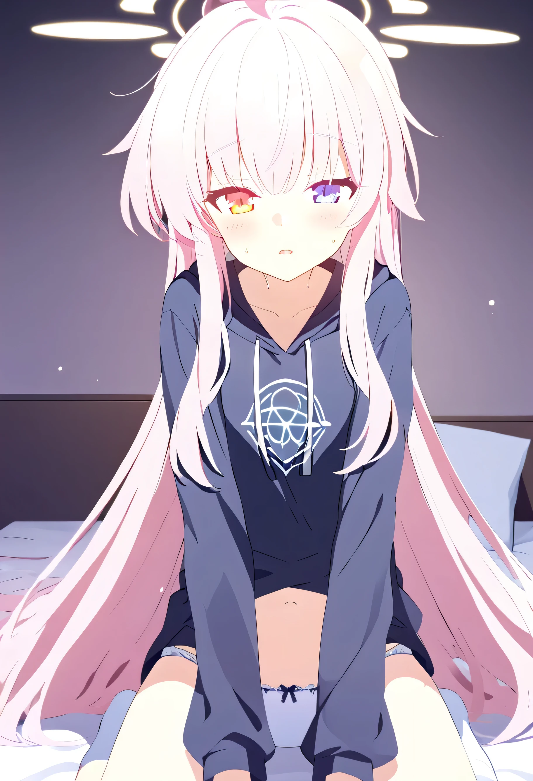 only one girl ，粉色 hair,   long hair,  （ Golden eyes :1.5), (   大大的Chest  :1.2)，
underwear, Thighs,  White_underwear,underwear，  black sweatshirt ，Long_hair, Chest，Your pajamas won't be able to fasten when your arms stick out ， Bare Belly，  close your eyes  ，  close your eyes  ， Existence_Back, in the bedroom, Hips,     bangs, crack,  Blush,push her lips forward on the bed，White socks，underwear，White socks， A circle of light surrounds your head，
 (  masterpiece after sex:1.2),   best quality ,    high resolution  ,   Unity 8k壁纸 , (illustration:0.8), ( beautifully detailed eyes :1.6),   Extreme Details ,   Perfect desktop lighting ,   Extreme Details的CG  , ( perfect hand ),