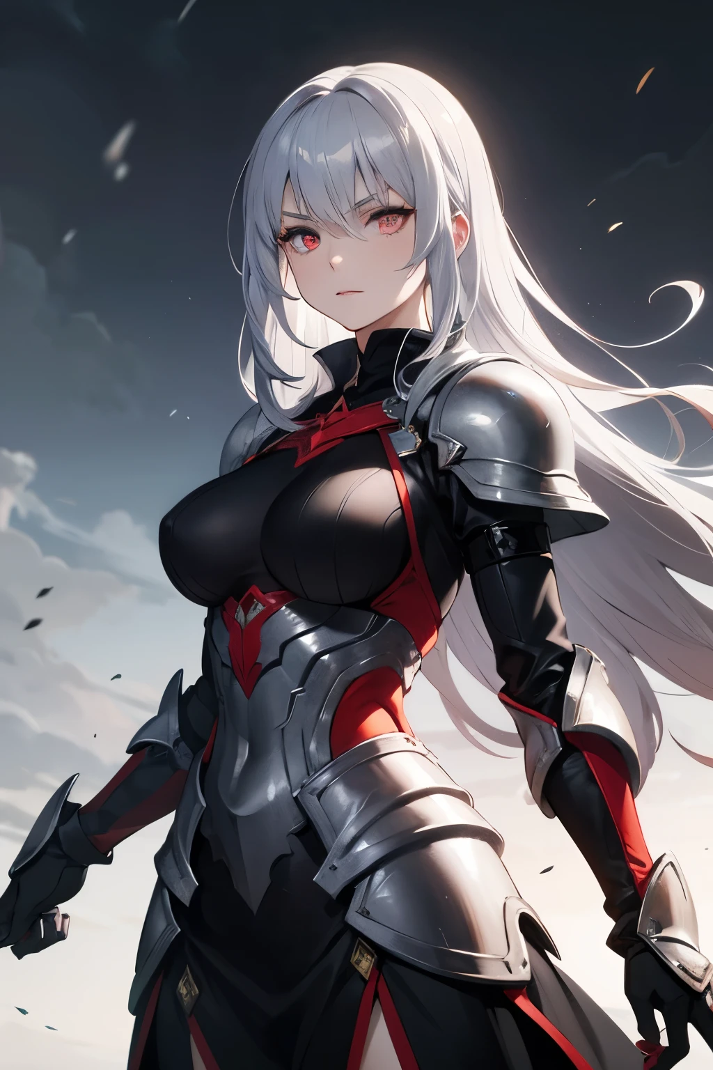 Ebrayn, , the leader of the Custodies, whose mere presence transmits respect and trust. your pale skin, , as if sculpted in marble. His crimson eyes, capable of changing shades depending on the element that dominates at that time, , they reveal both a supernatural majesty and an intimidating intensity. . Wear light black armor reinforced with gray plates and silver details, , is capable of unleashing scorching fire, freezing cold , , thunderstorms and sacred energy, mastering the elements with a mastery that makes her the most versatile and strategic Custodian. } Her behavior mixes the serenity of a just leader with ferocity of a relentless executor, capable of inspiring devotion in her allies and terror in her enemies.