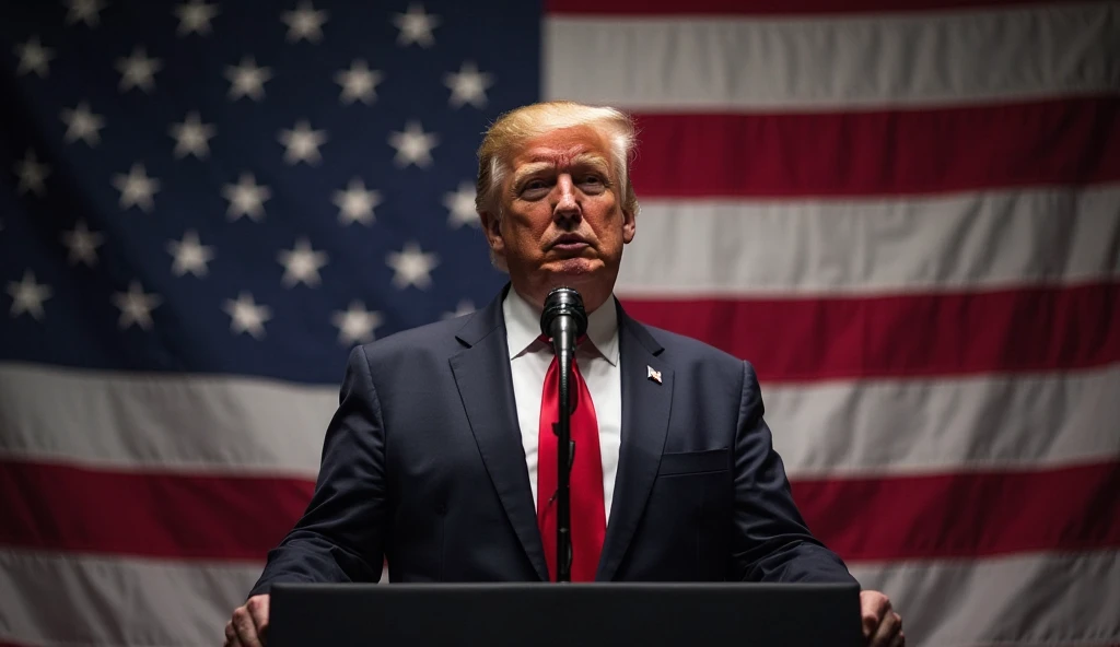 Donald Trump, Trump, solo, 1boy, red hat, formal suit, microphone, podium, american flag