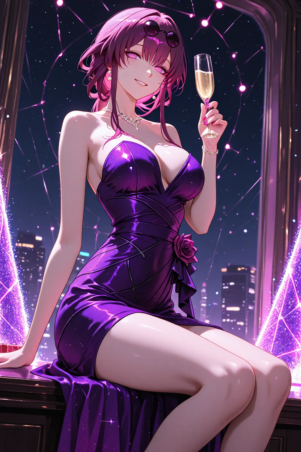 masterpiece, best quality, luxurious lady, standing, butt crack, evening gown, backless dress, bare shoulders, gentle smile,beautiful violet eyes, high hairstyle, streaked hair, from above, looking back, detailed, highres, intricate details, on balcony, night, dim light, stunning beauty, accessories, sensual, holding coctail, elbow gloves, blurred background, aesthetically pleasing, cityscape, fine ass, glitter, from behind, side slit,
<lora:MJ52:0.8>,