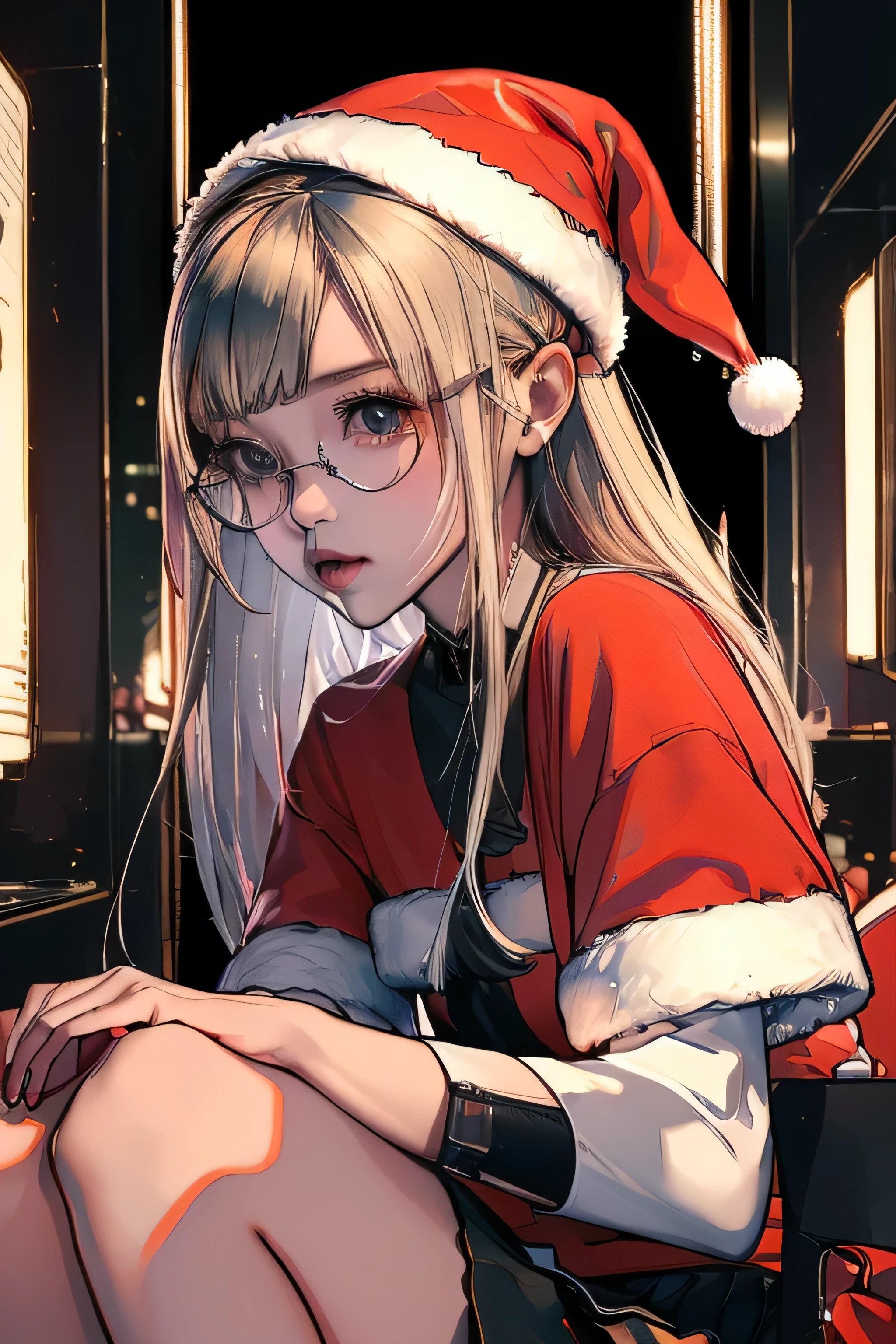 (( high quality )), ((傑 high quality 、masterpiece、High sensitivity、 high definition 、 Detailed description 、 delicate faces )),Thin woman、glasses、 Christmas、 Santa mini skirt  、 cyberpunk、
