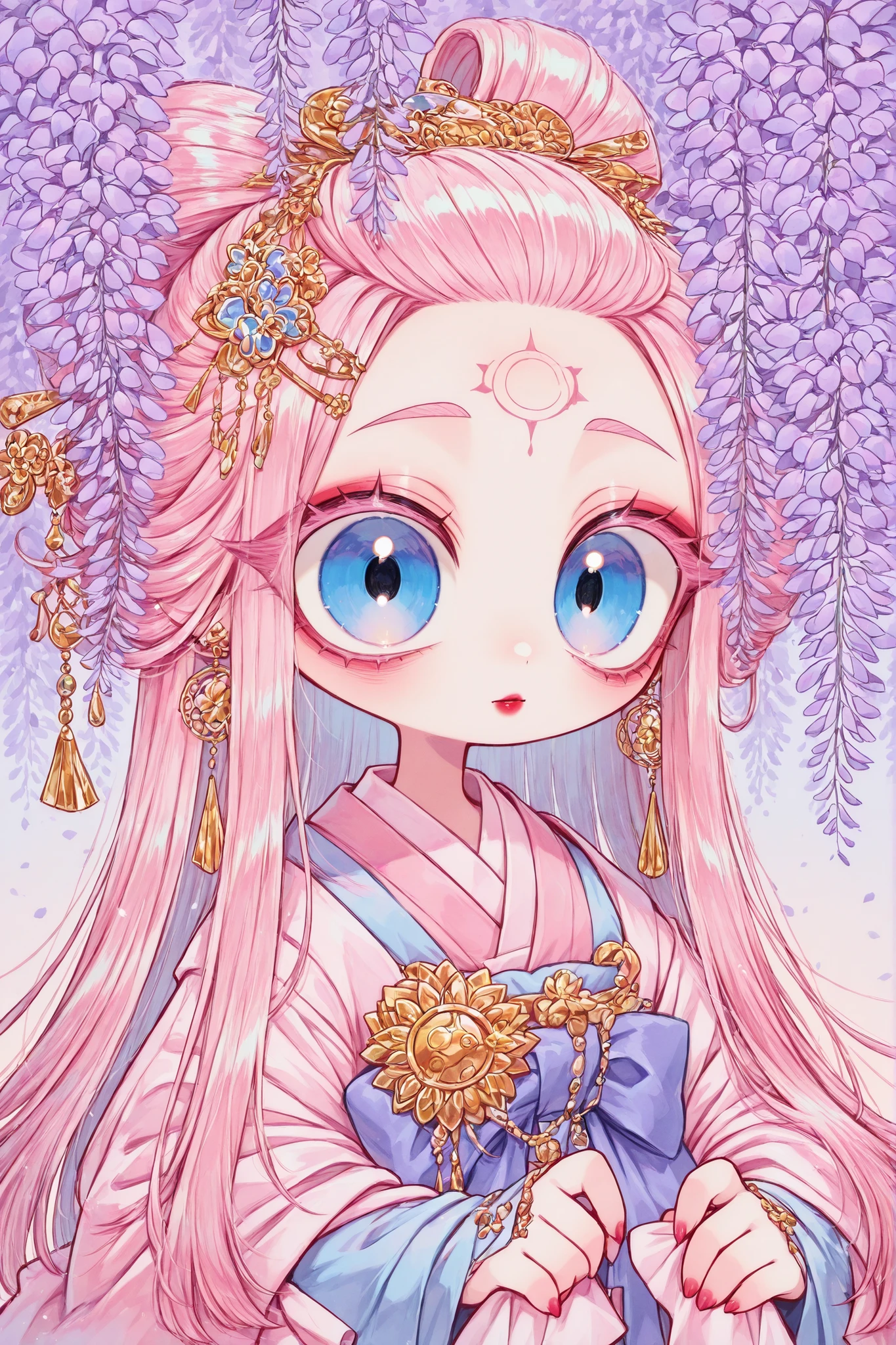 (edanoma_meu_illu,) a Japanese girl with pastel peach skin. she has a mature busty figure. She has a scarlet lotus sigil on her forehead. She has delicate Japanese makeup and red lips with gloss. She has violet-blue eyes. She has pink eyebrows and pink fluffy eyelashes. She has longest pastel pink hair pulled back in a traditional Japanese geisha hairstyle, she has delicate bangs with long strands around her face. She has gold kanzashi hairpins with purple wisteria pendants. She has gold earrings in the shape of wisteria. She is dressed in a traditional multi-layered Japanese princess's kimono - junihitoe, pastel pink\pastel purple\ blue colors with mother-of-pearl embroidery in the form of the sides of the moon, sun and stars. Background : a blooming Chinese garden where wisteria and hydrangeas bloom.