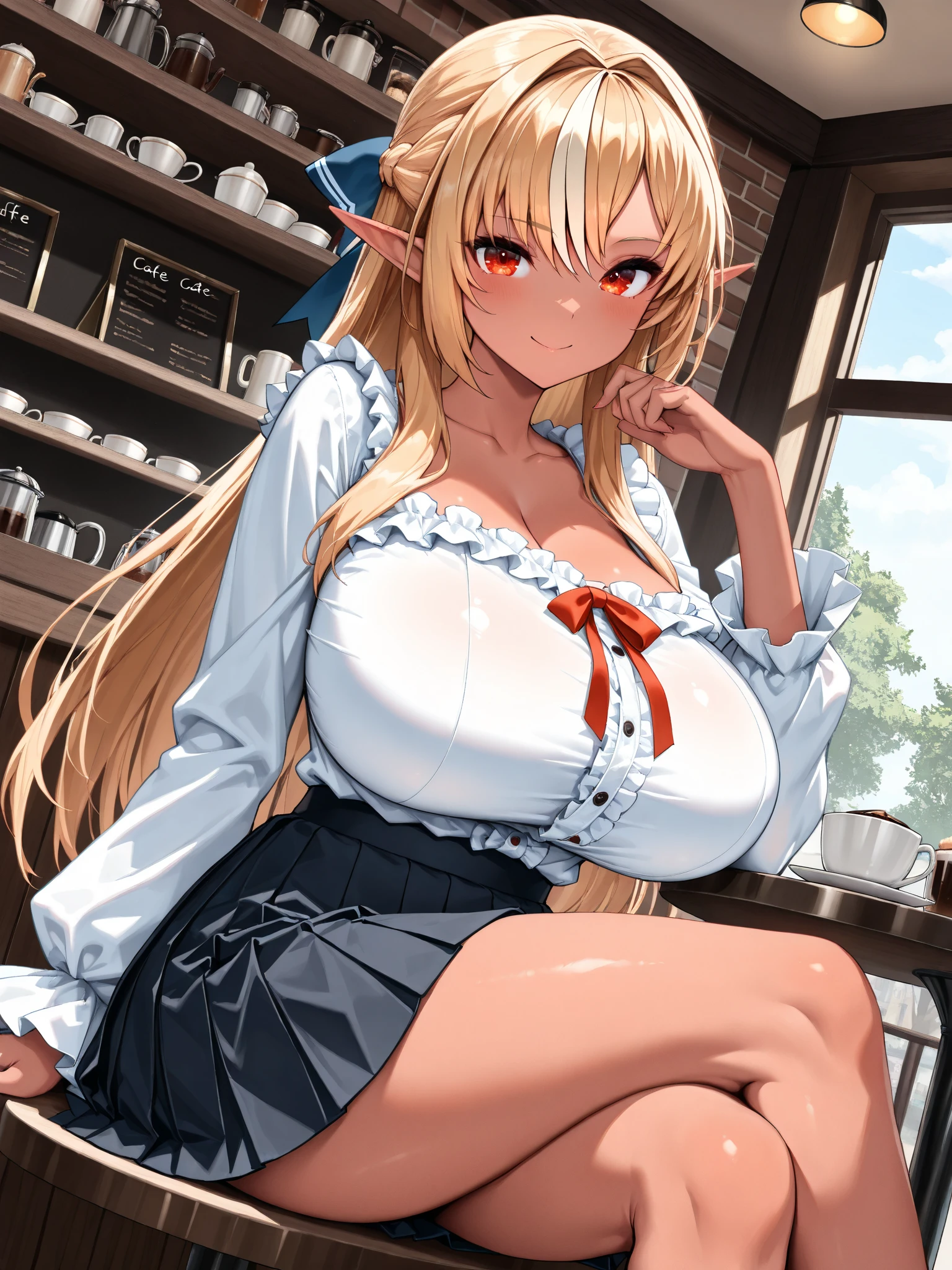 (High quality, High resolution, Fine details), Woman in medieval slum, Tattered shirt, Tattered skirt, Sitting, solo, curvy adult women, blond hair, sparkling eyes, (Detailed eyes:1.2), Sweat, Dirty skin, Oily skin, moody atmosphere, dark colors, shallow depth of field