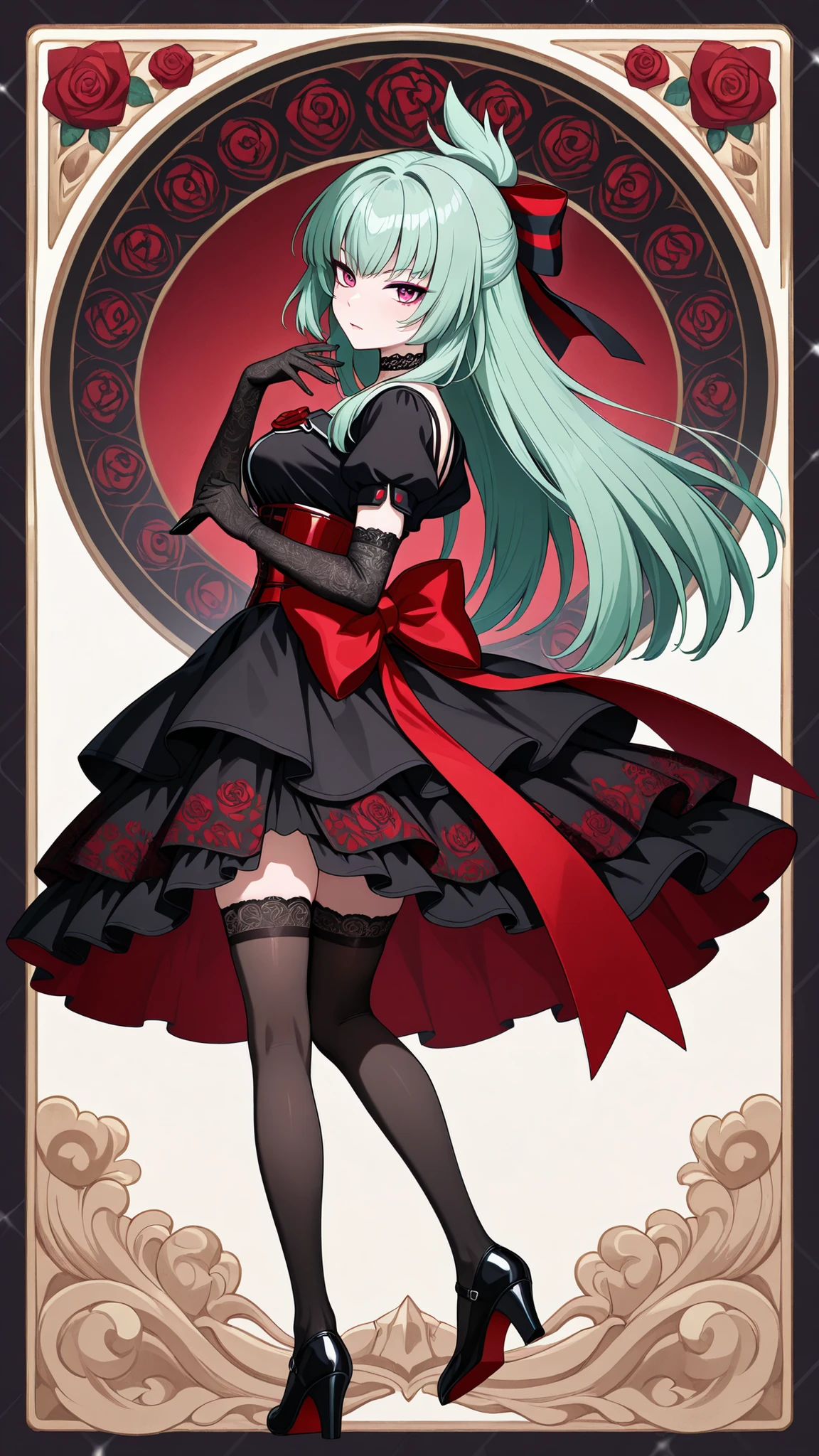 solo, kanzaki_saya,  Green hair, long hair, mature woman, Tight waist、Small waist、shiny Skin ,  (upper body),  gothic doll theme, shoulderless black velvet blouse with layered puff sleeves, deep red ribbon brooch, shiny black satin waist-cinching corset, bell-shaped double-layer skirt (outer black georgette, inner dark red satin), bustle drape, big ribbon bow back, lace choker with cameo, elbow-length lace gloves, black gartered thigh-highs with subtle red vine pattern, black enamel mary jane heels with red rose,  looking at viewer,anime high detail. beautiful shading, anime-style illustration, 8k resolution, ultra HD,