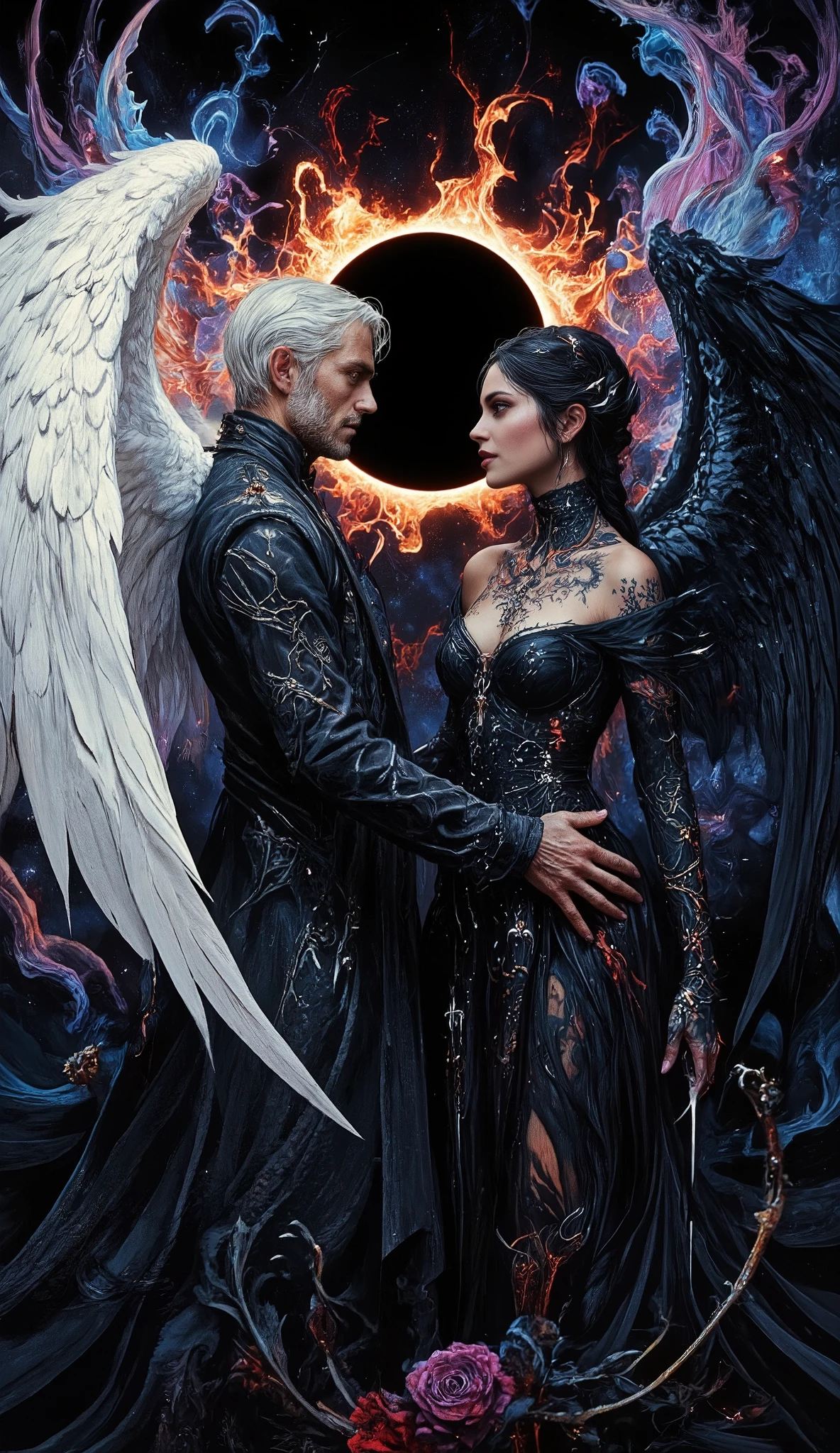 color contrast, hyperrealistic poses, cinematographic photography , detailed, best quality , High resolution , intricate details, vivid colors , detailed Style Photography Hyperrealism oil painting portrait of a creepy yet beautiful mystical couple , ((( beautiful mystical soulmates ))) perfection of style , vivid colors , colorful, dark background, aidmaMJ6.1, FNTSypstlce estilo , Nova arte digital fantasycore, q
Done in a balanced, fluid, gothic style that expresses the harmony of opposites that dance around these 2.
A captivating portrait shows an angel and a demon in stark opposition. On the left, a 40 year old clean shaven man with short white hair and aquiline features. With a wry expression wears a dark, high-collared coat. He has white, feathered wings and a glowing halo, symbolizing his angelic nature. On the right, a mixed woman with light brown skin and long, a head shorter than the man almost braided hair black as midnight that shimmers, is wearing a roguish grin and dressed in a black, ornate off-the-shoulder gown. Her radiant eyes plotting are familiar to the man and can tell she plots mischief. She has dark spidery tattoos that are elegant and cruelly beautiful, a bandolier of long black daggers and hooks rest across her ample bosom, and large majestic black gossamer wings of blue and purple frame her short form, with flames rising behind her of the same colors,  signifying her sinister essence that's tied to darkness and the beauty found in the unseelie court. Both figures are facing each other, their intense gazes creating a powerful contrast between light and darkness and a shocking truth, they long to touch one another and their look is full of love. Massive energies whirl around these 2 and an eclipse of the Sun heralds their union with a foreboding air.
