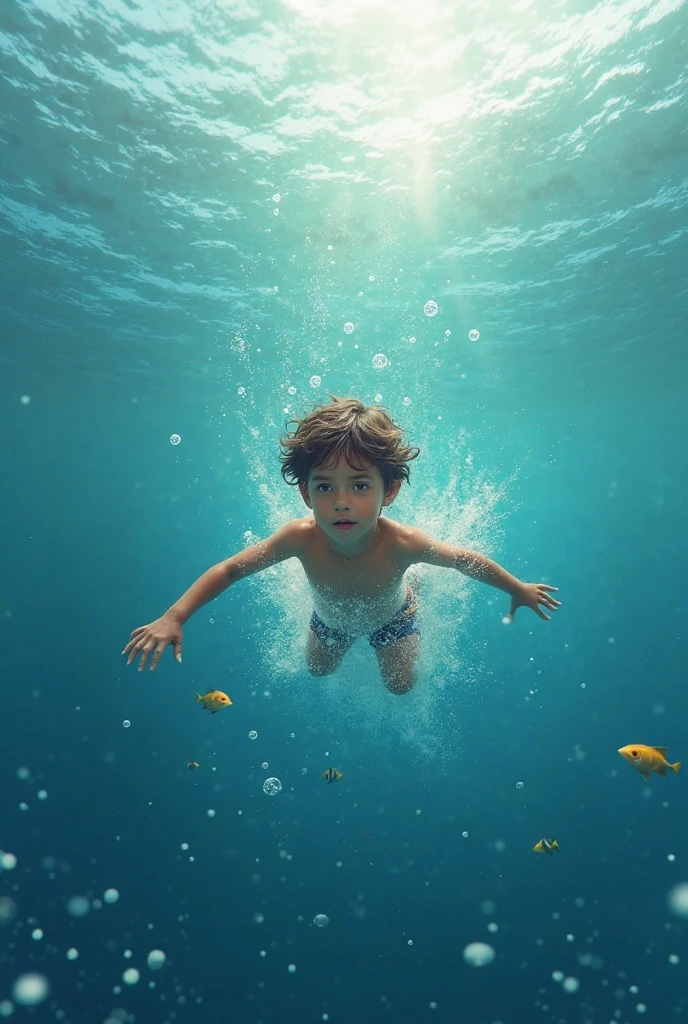 An underwater scene where fish swim, in the style of Rene Magritte, A kid watches in wonder from his bubble, High key lighting, Liquid Bismuth, Underwater cave, Close-up shot of the kid amidst this surreal scene, Rendered by Alec Soth with unreal engine 5, Luminism, cinematic lighting, blurry foreground, foreshortening, retina, textured skin, anatomically correct, best quality, award winning