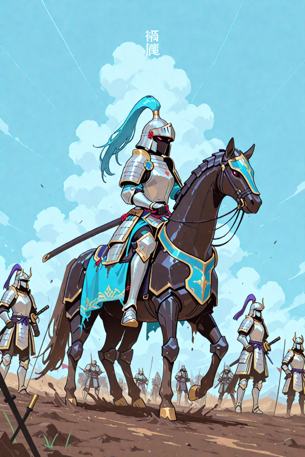 1 Domineering boy, Axisymmetric combination is correct，Solitary，Male swordsman，horse riding，Hold the hilt of the sword，每只手Hold the hilt of the sword，Sapphire sword，blood sword, The blade glows，Front view, close up， ((best quality)), ((masterpiece)), ((Practical))，Ultra HD，Background display text Iron-blooded Hero Dream，