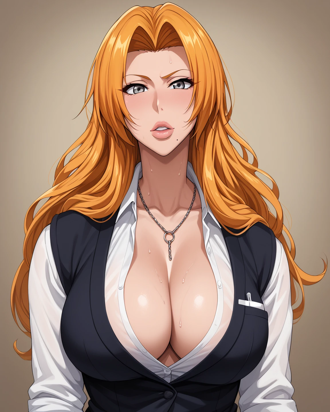 Inoue Orihime,Big breast,white HighSchool uniform with unbuttoned Cleavage,short Grey skirt,lariat necklace,Long pink nail,Hoopa bracelet,Earpiercing,Bleach Anime artstyle,Half eyes open,Stylish Wavy hair,Spouty mouth,Thick lips,Curvy figure,Big wavy hair,Enchanced breast,tight thights,gaze on viewer,ear visible,bouncy breast,unnatural big breast,crossing arm,short sidehair,Short bang hair,heart shaped Earrings,Light blush,Swaying hips,Enormous Big breast,H cup,Spider bite piercing mouth,Circle piercing mouth