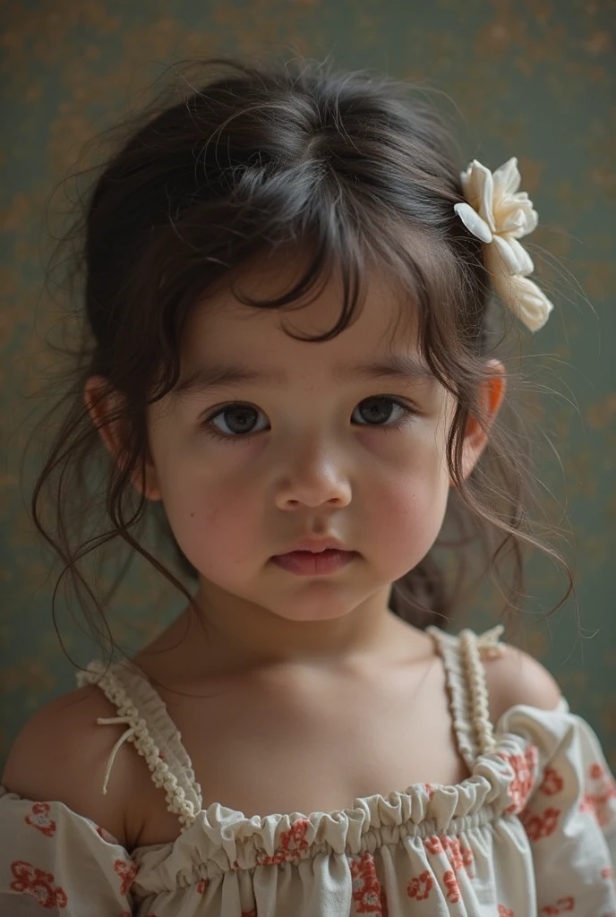A five year old girl with brown hair, ojos marrones, con lunares y con un vestido rosa, abrazando un peluche de conejita blanca.