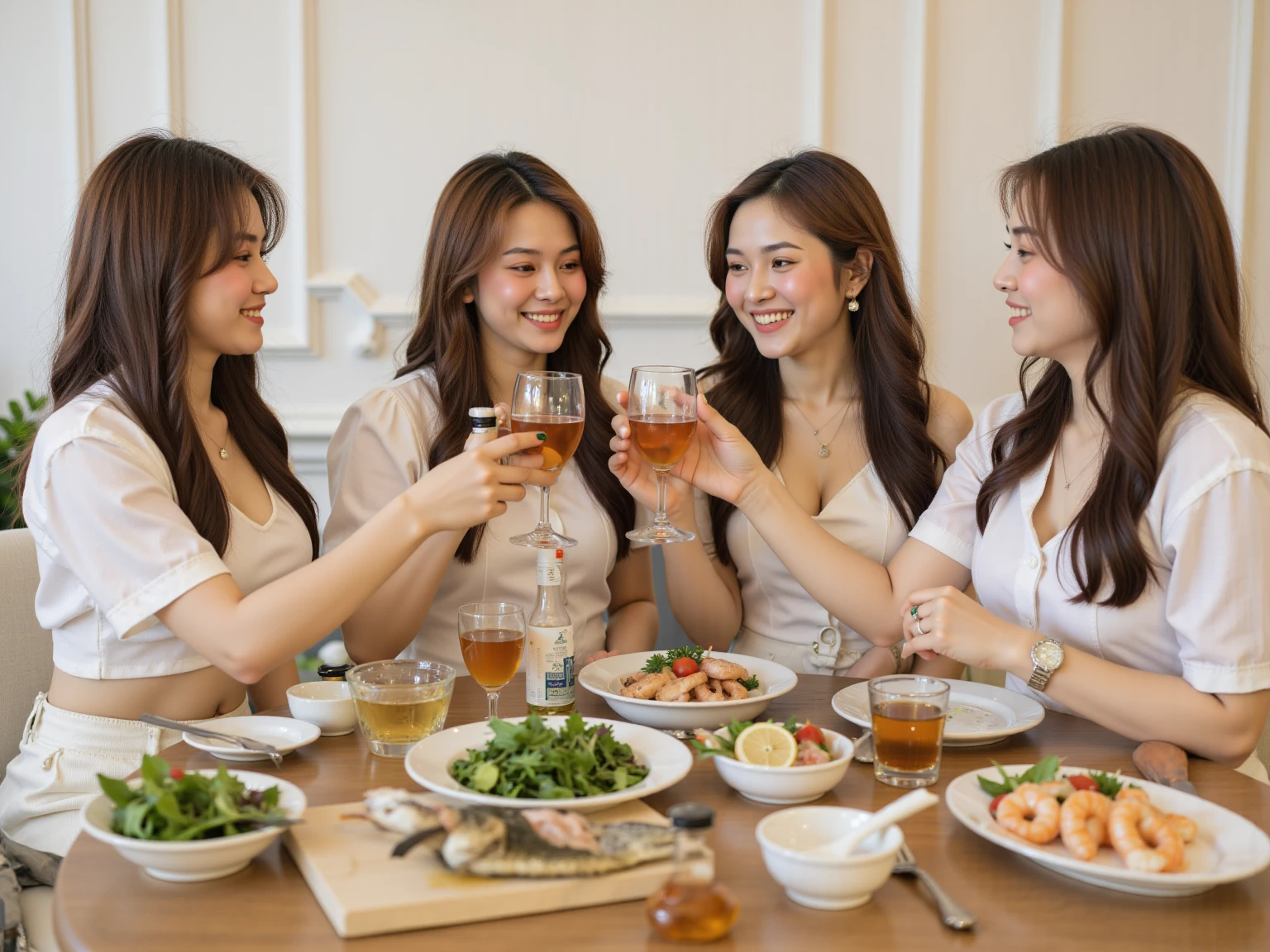 dinner party,Ancient Roman landscape in the style of Poussin,A smile,,Sweet and seductive appearance.、Caravaggio's paintings、Chiaroscuro of Caravaggio、Hair disheveled in the wind,Two women frolicking,Cute smile, Expression of ecstasy,A sexy,erotick