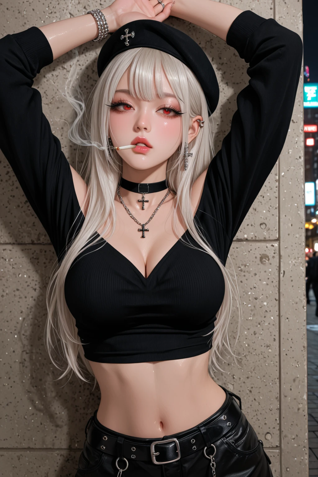 (((of the highest quality: 1.4))),(unparalleled masterpiece ever), (Ultra high definition),(Ultra-realistic 8K CG), offcial art、 (((adult body, accentuated super huge enormously gigantic tits, cleavage showing))), (((1girl in))), ((( very long hair in pigtails ))), Punk girl with a perfect body, school girl uniform school girl skirt and backpack with lots of straps buckles and zippers,Beautiful and well-groomed face,Fancy makeup,Detailed punk fashion,school girl uniform and school girl skirt, (Image from head to thigh),((Platinum blonde hair )), Harajuku-inspired hooded jacket, Simon Bisley's urban savage style,Detailed street background of school classroom,Clean abs, Complex graphics, dark pink with white stars and gray and white stripeany poisonous tattoos )), piercings,